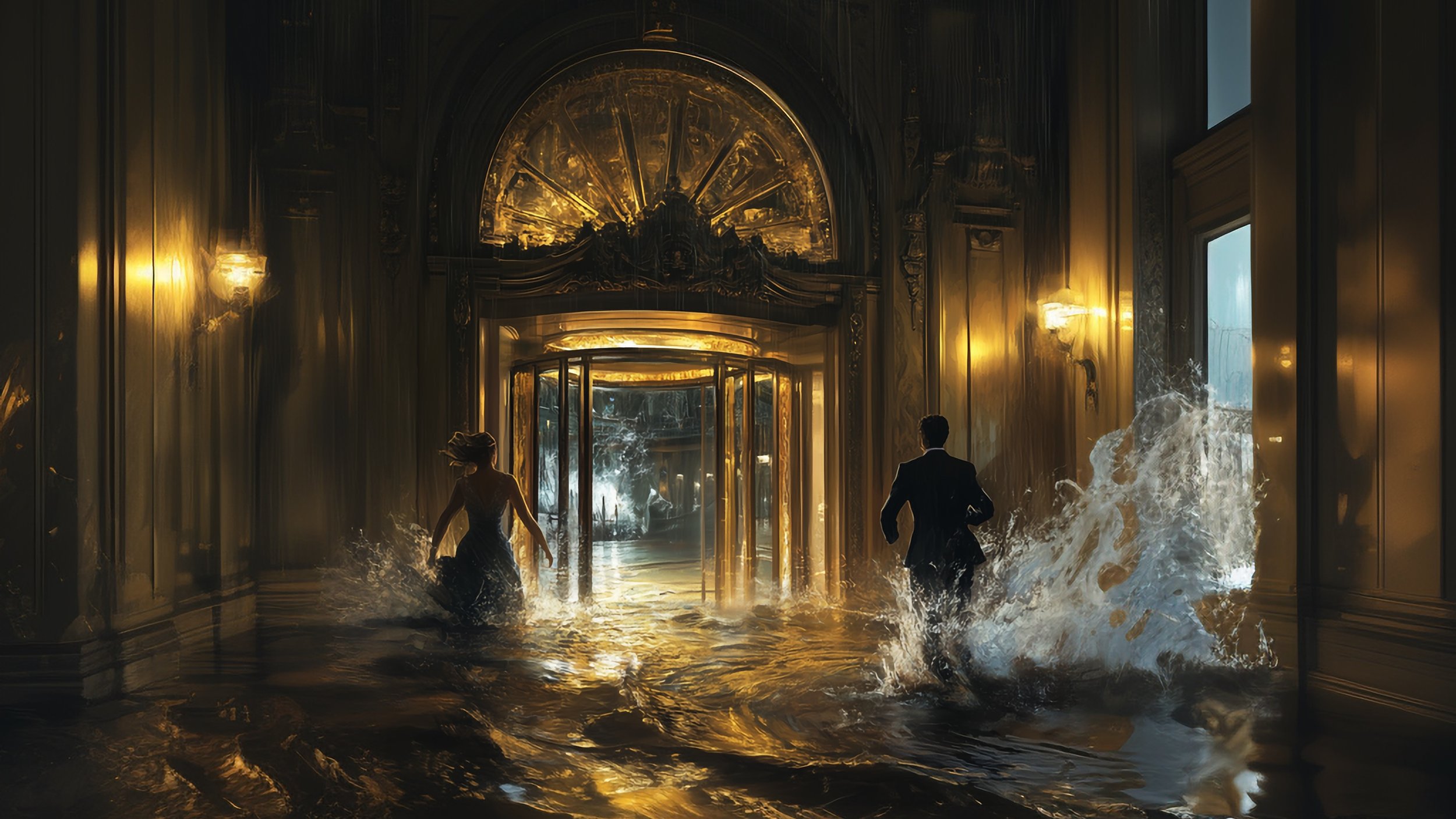 A man and a woman running through a flooded ornate hallway with golden walls and a large door with glass at the end. Water splashes around their legs as they move, with light reflecting off the water's surface.