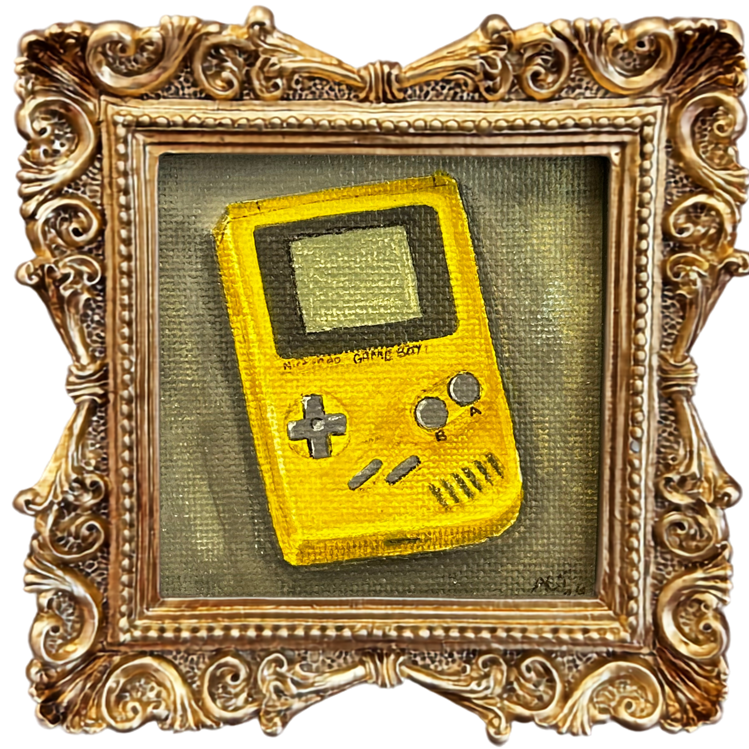 Close-up of an ornate, gold-colored picture frame with intricate scrollwork and beaded details, featuring a small section of a pixelated digital game screen inside.