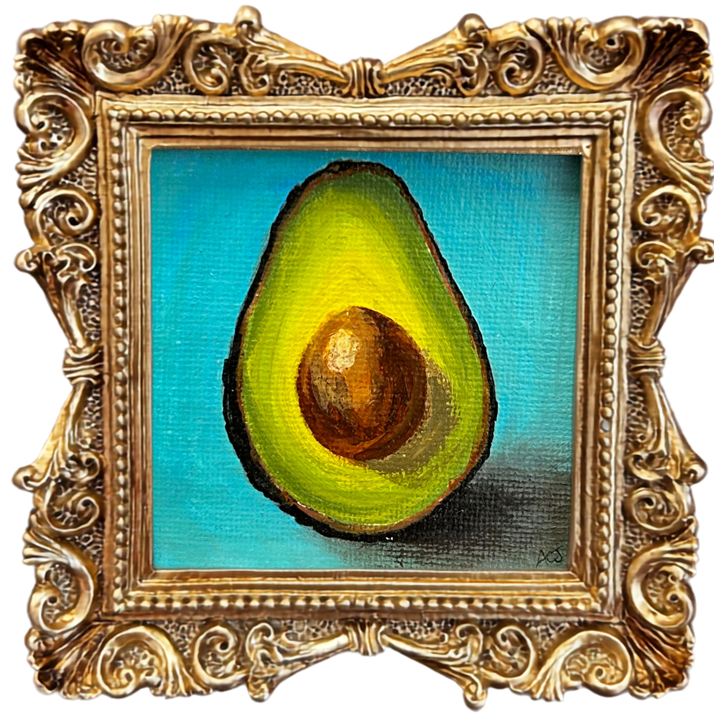 Close-up of an ornate gold picture frame with intricate scrollwork and beaded details surrounding a canvas painting of a green avocado with a seed, against a blue background.