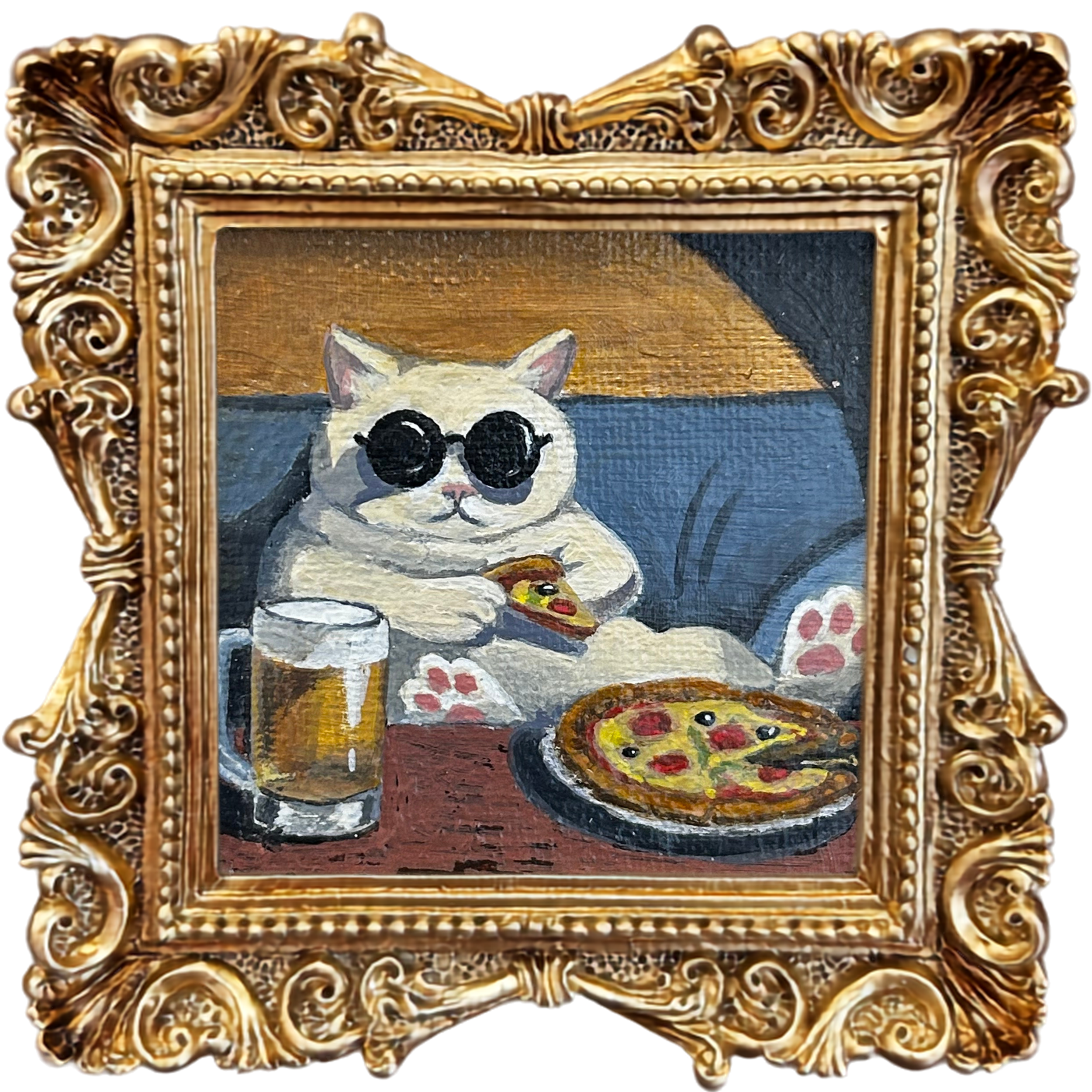 Painting of a cat wearing sunglasses, framed with an ornate gold frame.