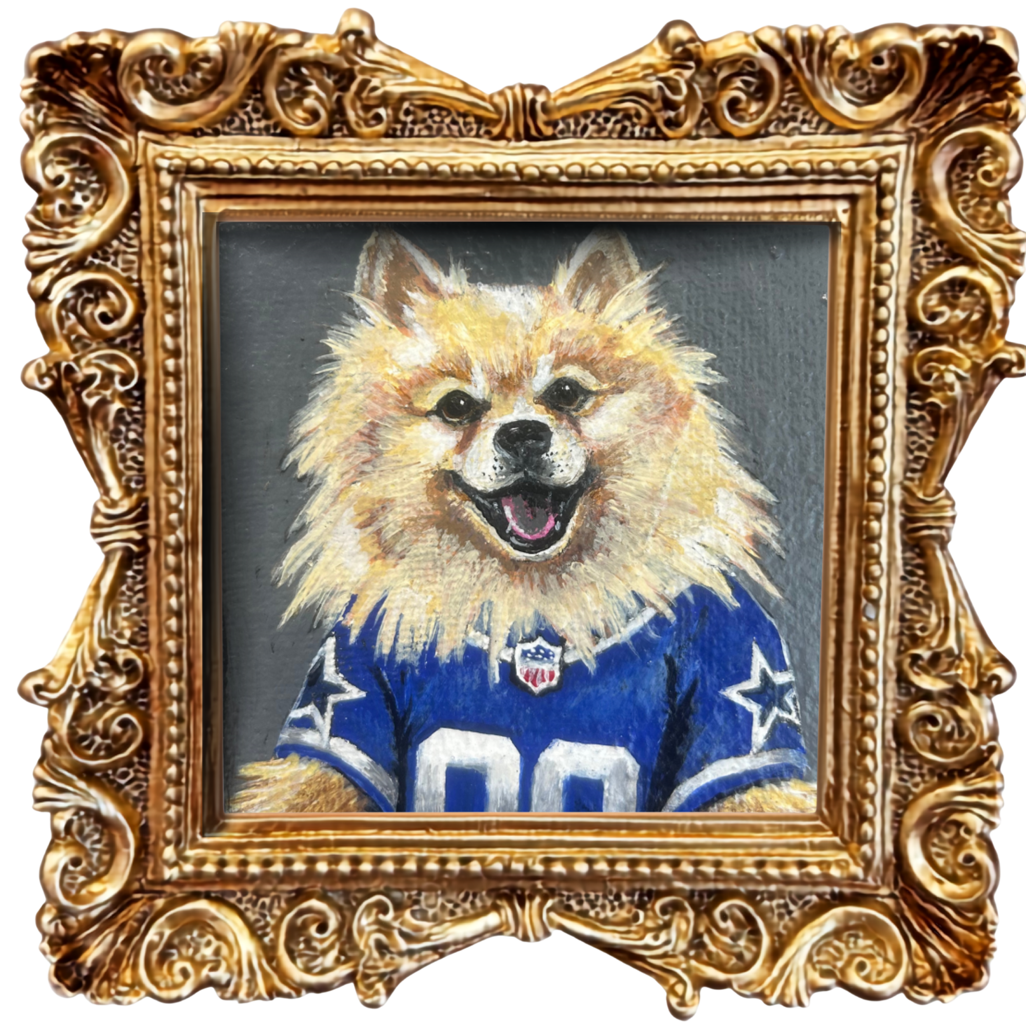 Painting of a smiling dog with fluffy fur, wearing a blue outfit with white stars, framed in an ornate gold frame.