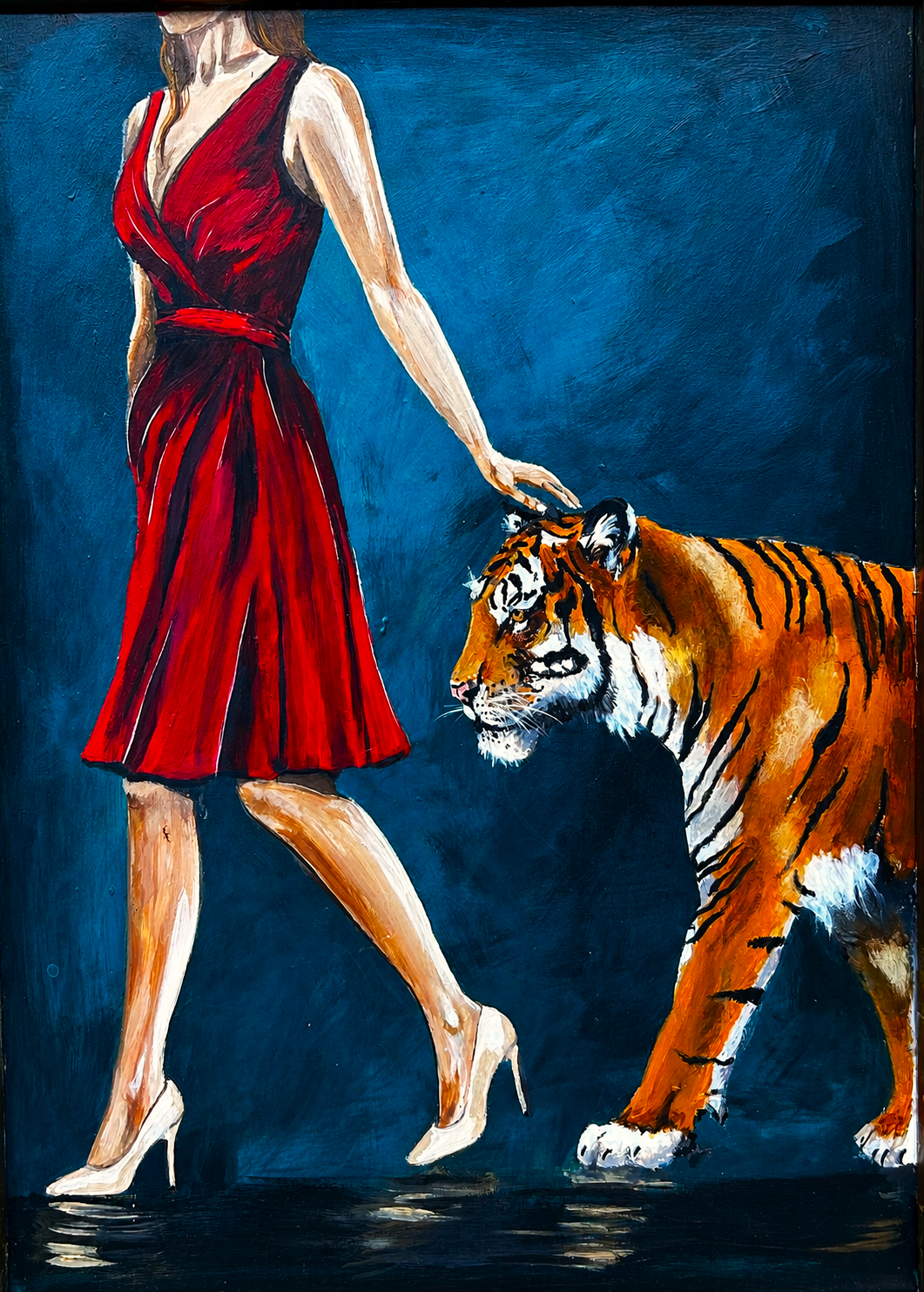 Painting of a woman in a red dress walking a tiger.