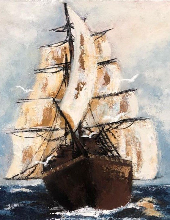 Painting of a large sailing ship with brown hull and white sails on the ocean, with seagulls flying nearby.