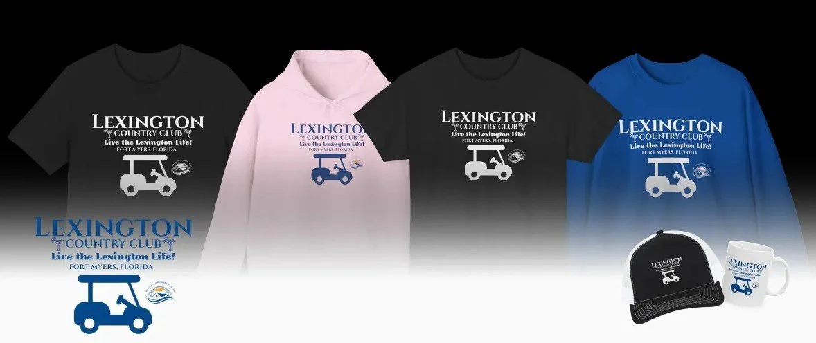 Collection of Lexington Country Club branded apparel and accessories including T-shirts, a hoodie, a cap, and a coffee mug, all featuring a golf cart logo and text.
