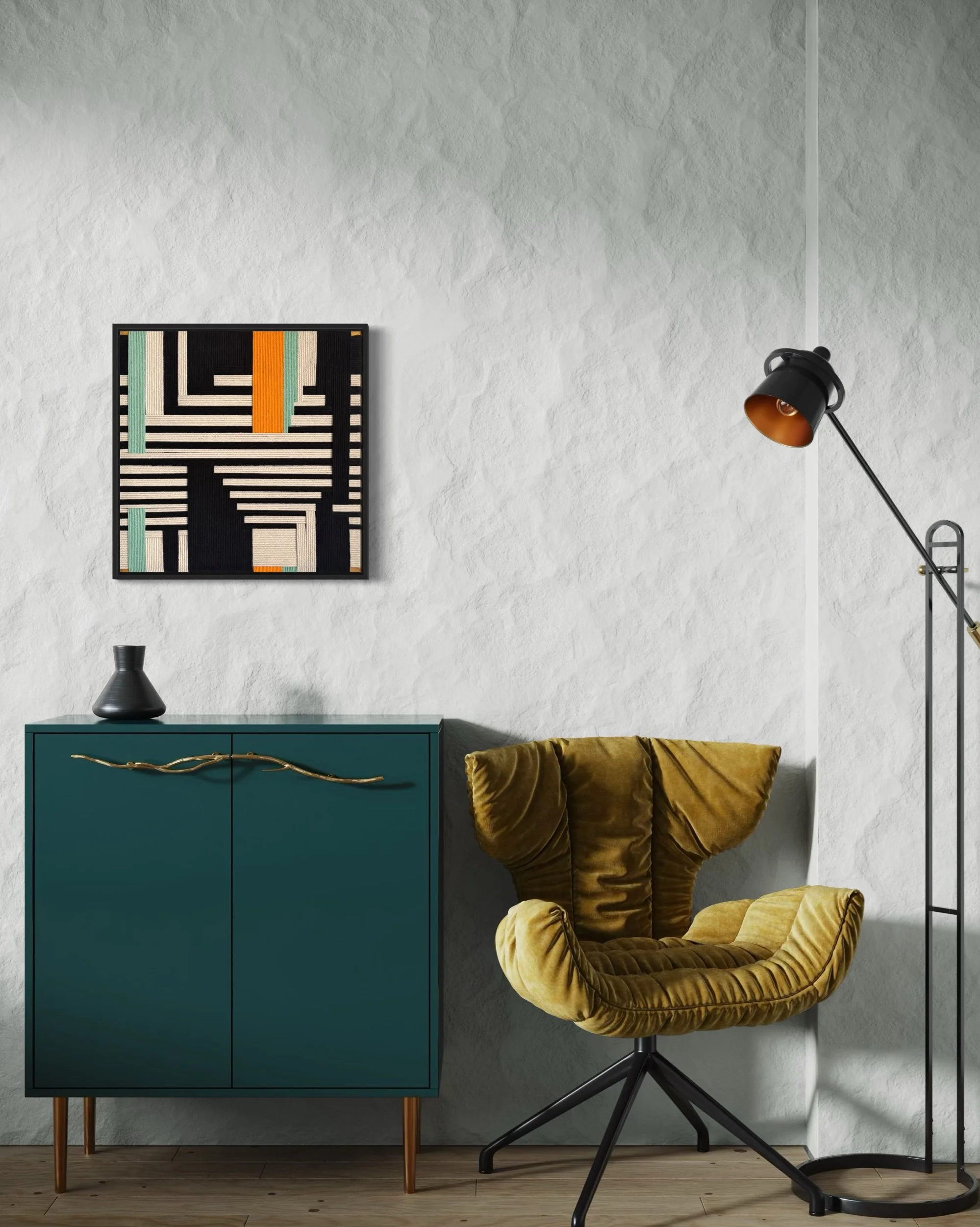 A modern living room corner with a textured white wall, a teal cabinet with wooden legs, a decorative black vase on top, a mustard velvet armchair, and a tall black floor lamp with an adjustable arm and copper interior. A framed abstract artwork with