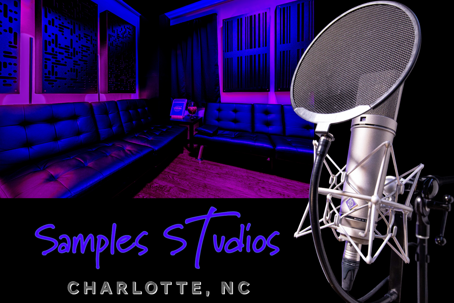 Samples Studios Charlotte NC U87 Neumann microphone on music stand seating acoustic panels