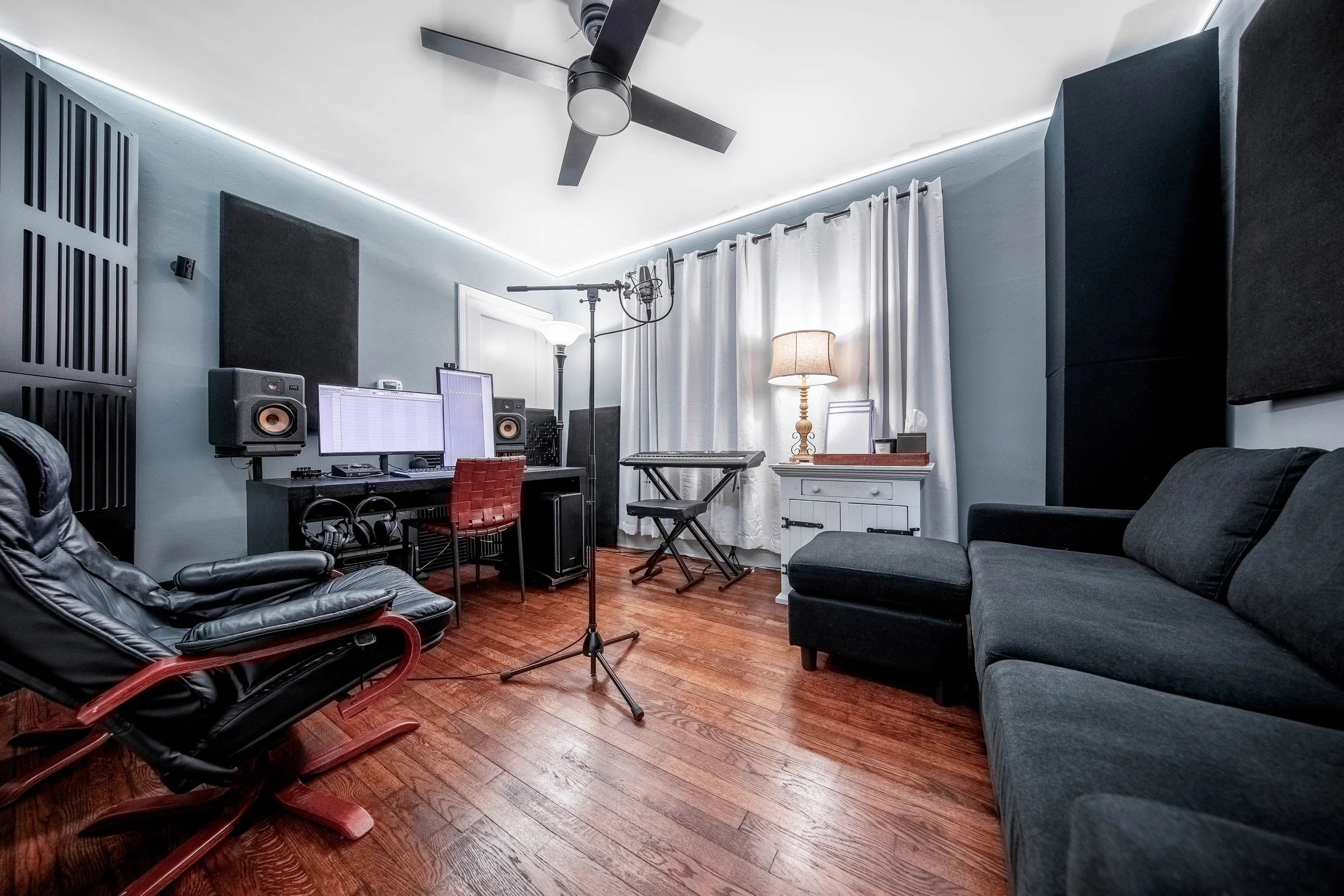 Samples Studios Studio B speakers seating acoustic panels bass traps