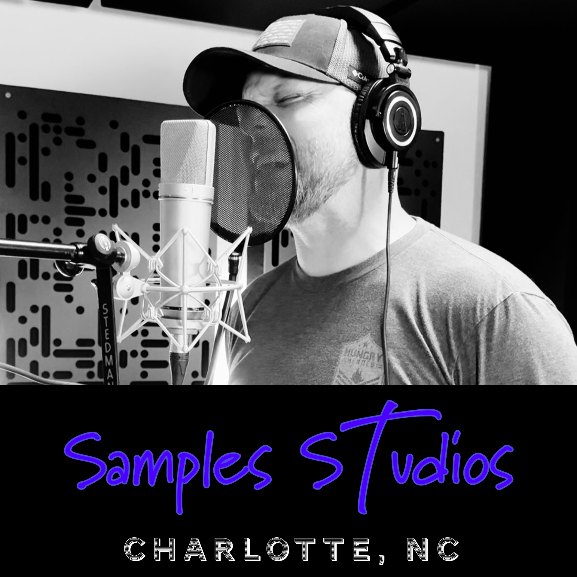 Samples Studios professional singer Josh Fosdick singing with headphones at microphone
