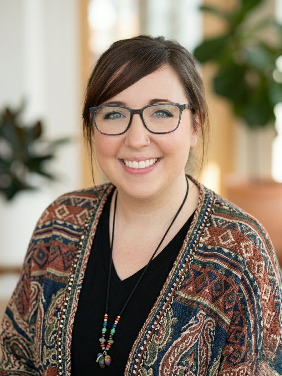 A woman with glasses smiling, wearing a patterned sweater, black top, and a beaded necklace.
