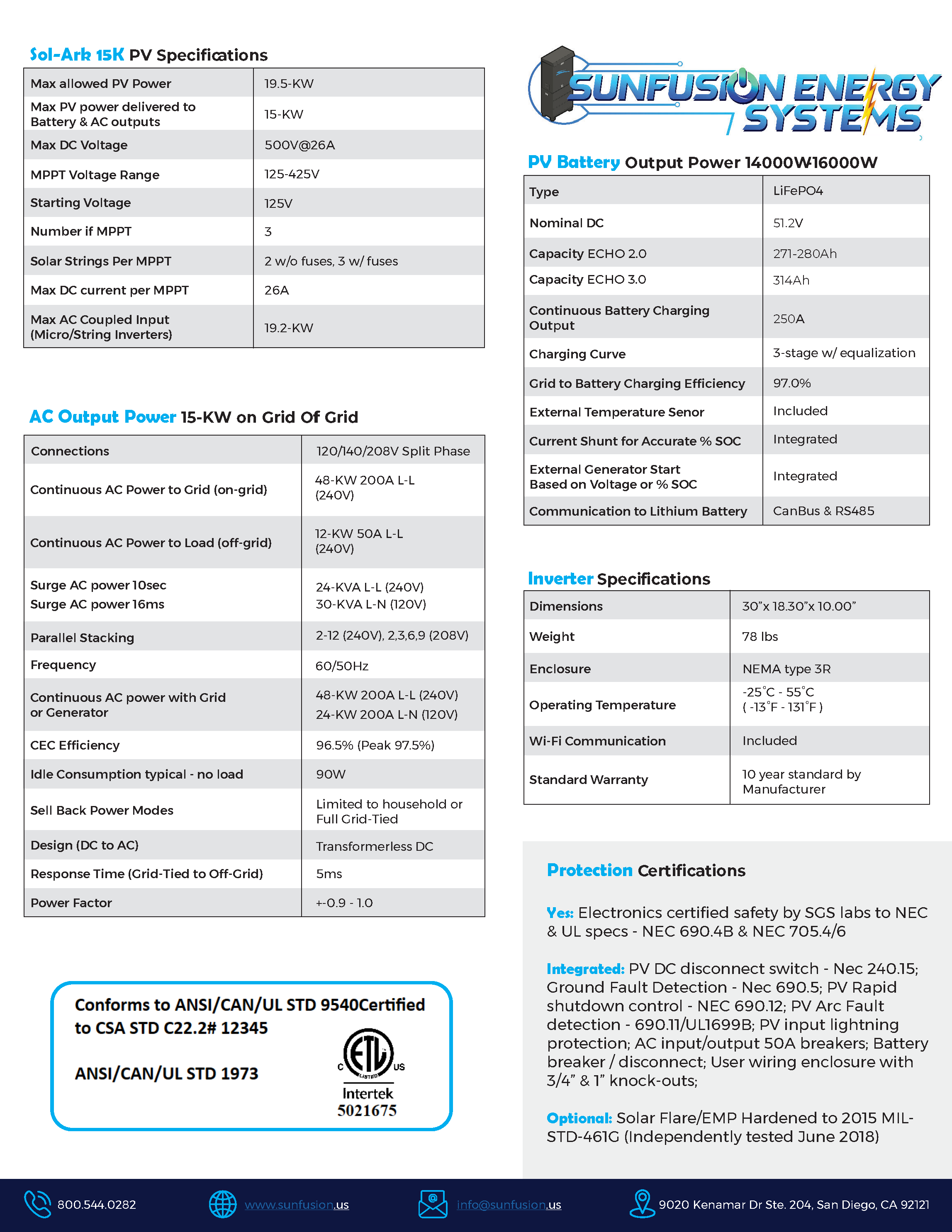 Technical specifications sheet for Sol-Ark 15K photovoltaic power system, including PV and inverter details, battery info, and certifications.