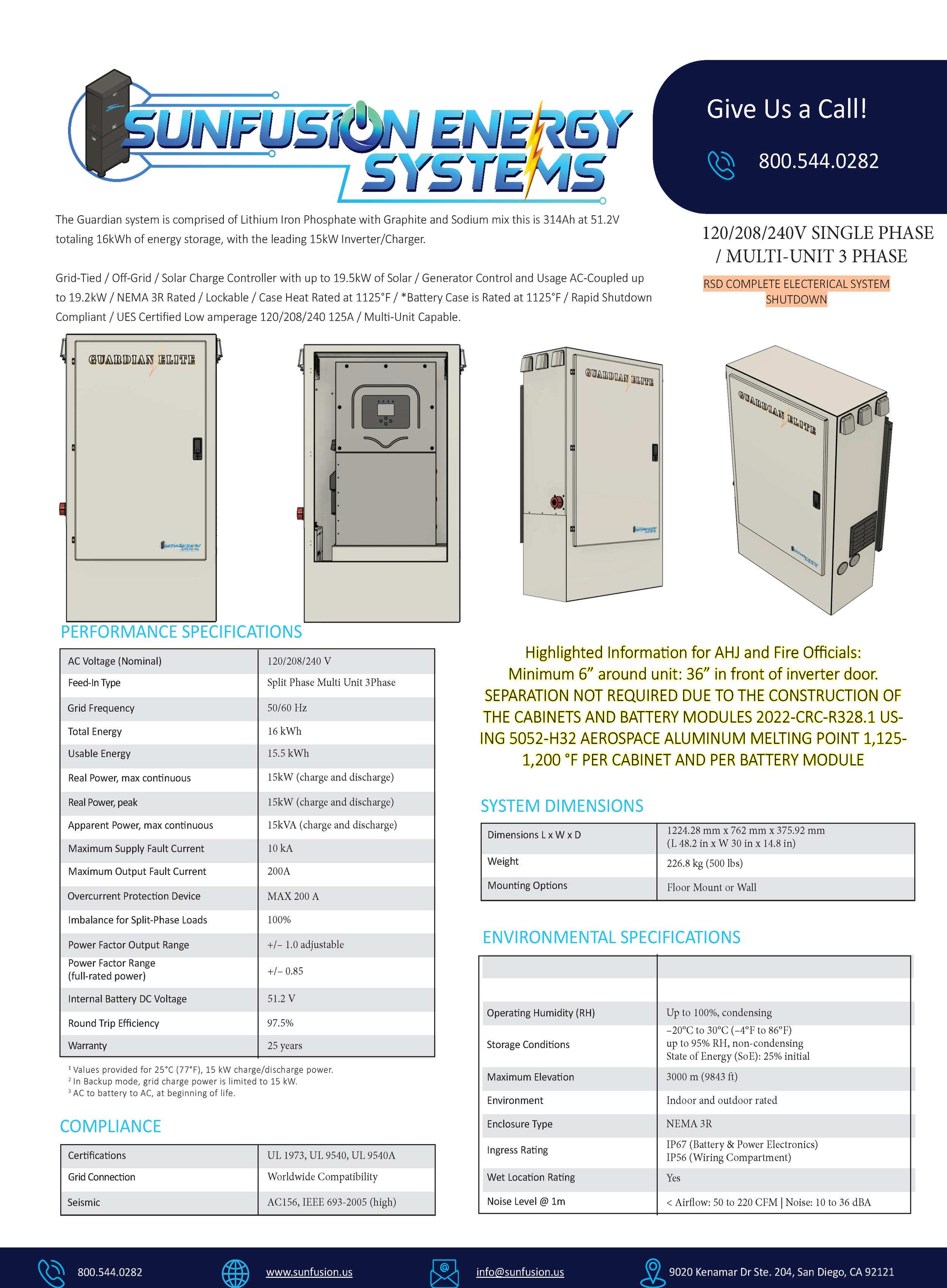 Technical datasheet for Sunfusion Energy Systems Guardian Elite energy storage units, including specifications, dimensions, compliance, and environmental details.