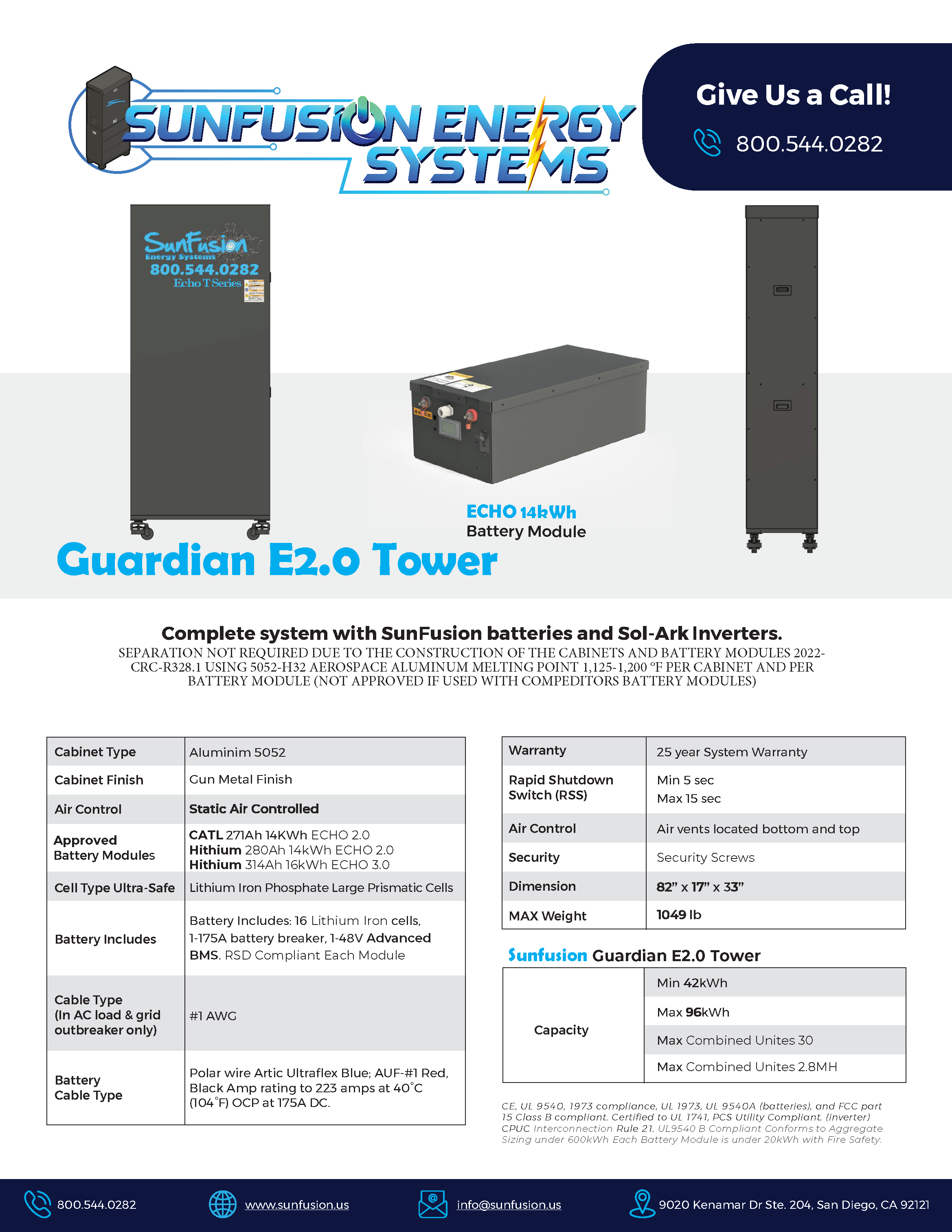 Product advertisement for SunFusion Guardian E2.0 Tower, a large black energy storage system with module details, specifications, and contact information.