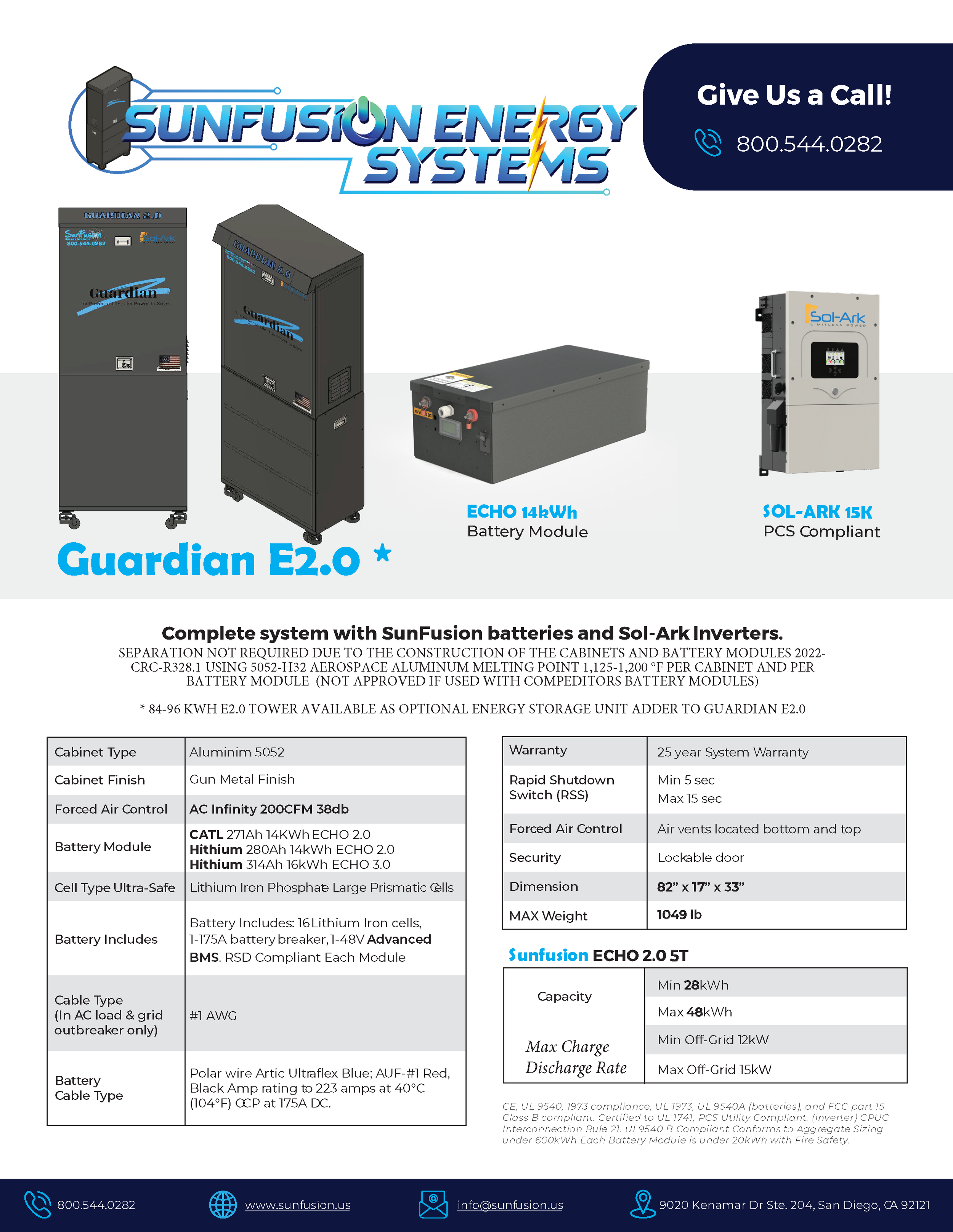 Advertisement for SunFusion Energy Systems. Features Guardian E2.0 battery modules, a battery module labeled ECHO 14kWh, and a Sol-Ark 15K PCS inverter. Includes contact information, specifications, and warranty details.