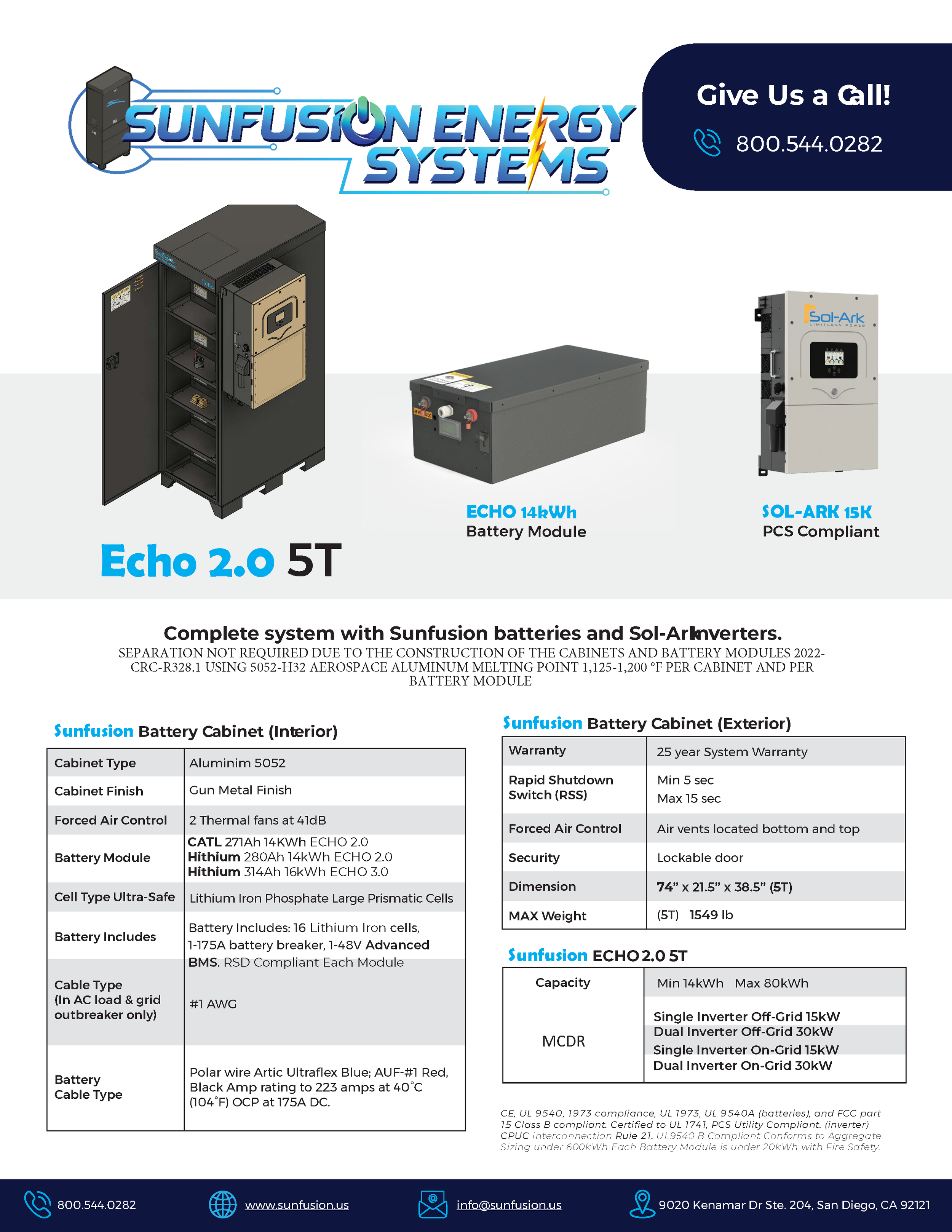 Advertisement for Sunfusión Energy Systems showcasing their Echo 2.0 5T battery energy system, ECHO 14kWh battery module, and Sol-Ark 15K PCS inverter, including specifications and features.