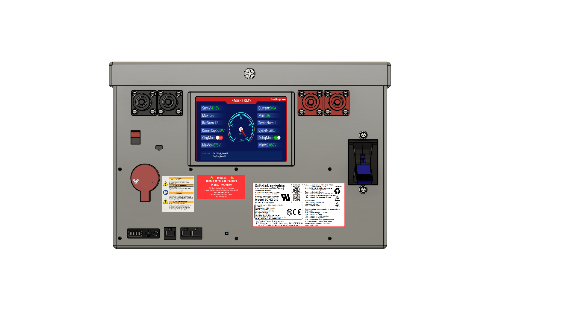 Electrical control panel with digital display, connectors, and safety labels.