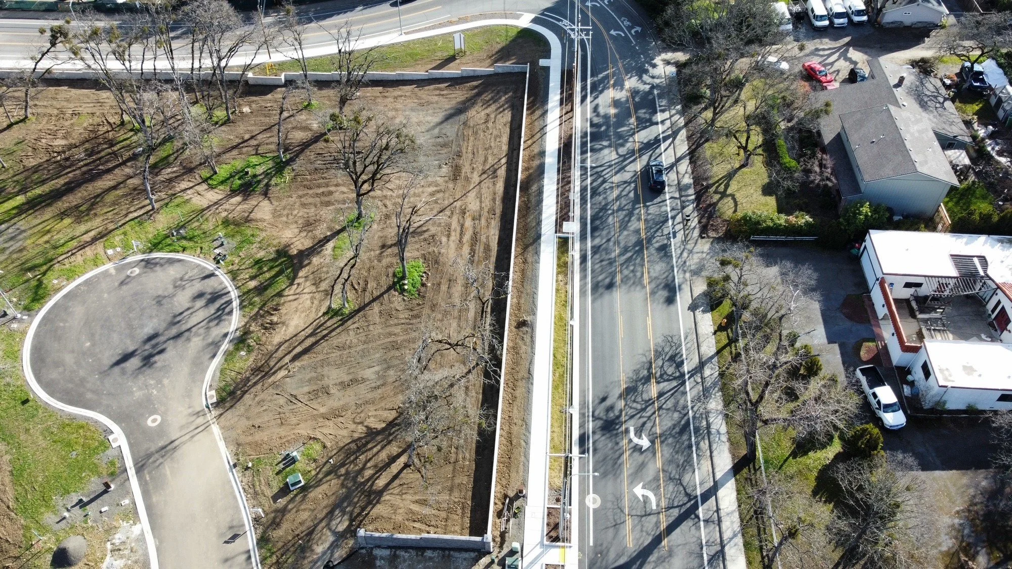 An aerial view of the culdesac looking at the corner or Hillcrest and Pierce Road.