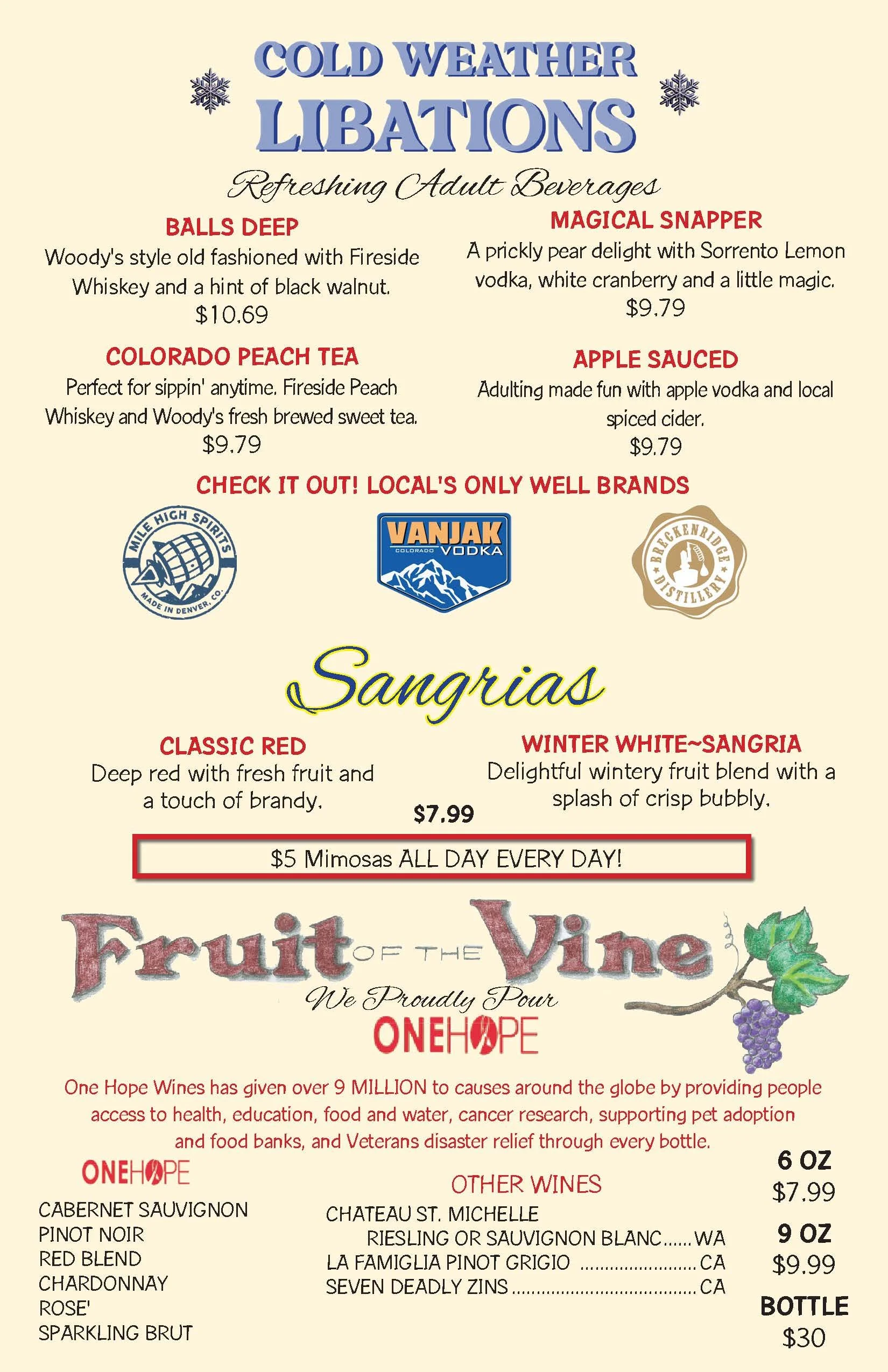 DineIn Food Menu & Drink Menu — Woody's WoodFired Pizza