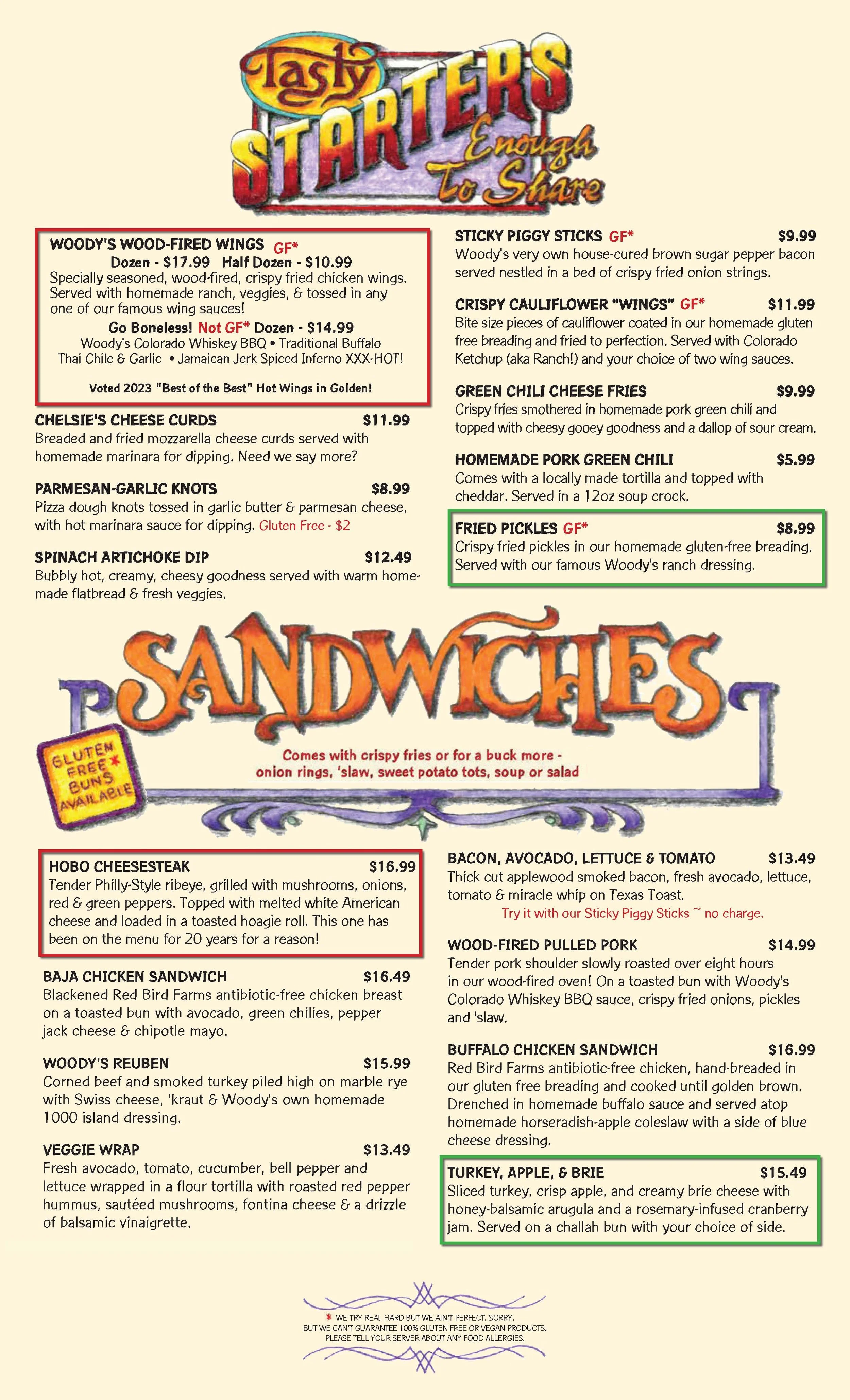 DineIn Food Menu & Drink Menu — Woody's WoodFired Pizza