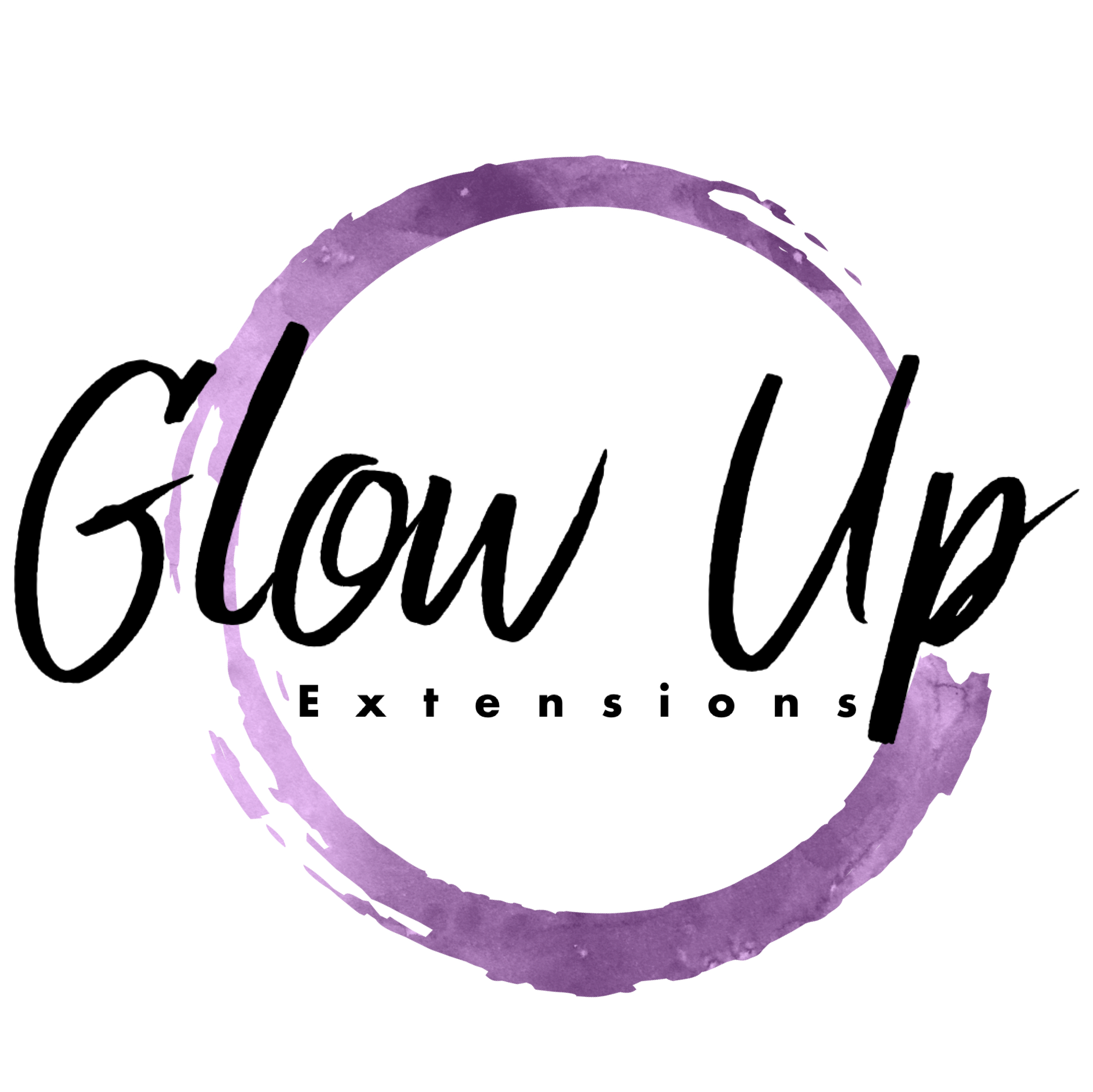 "Glow Up Extensions" Logo mit lila Kreis auf weißem Hintergrund.
