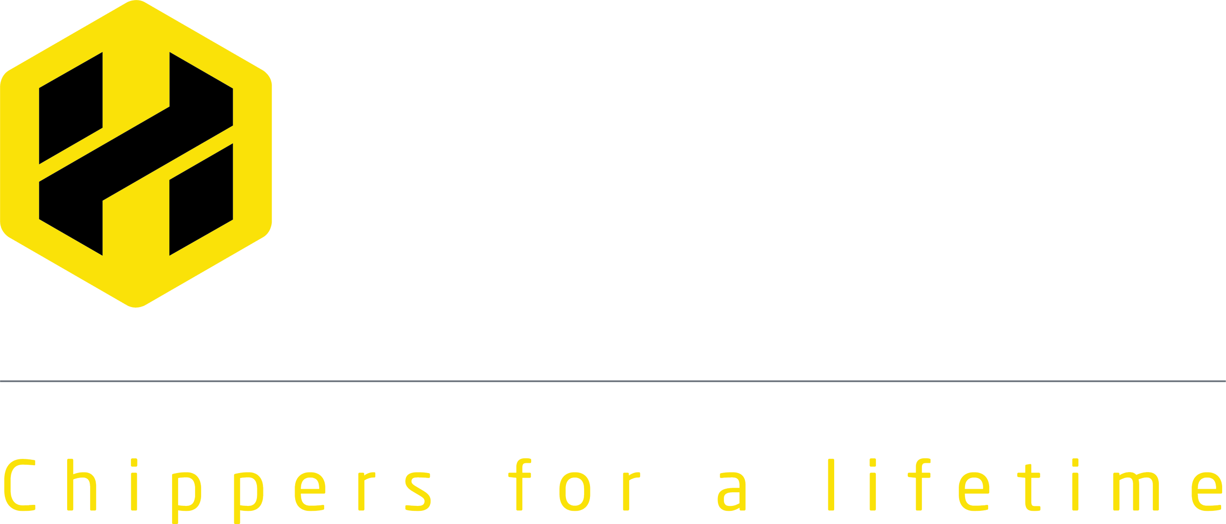 HANSA-Logo mit gelbem Sechseck und schwarzem Buchstaben H, Slogan "Chippers for a lifetime" darunter. Hintergrund schwarz, Schrift weiß und gelb.
