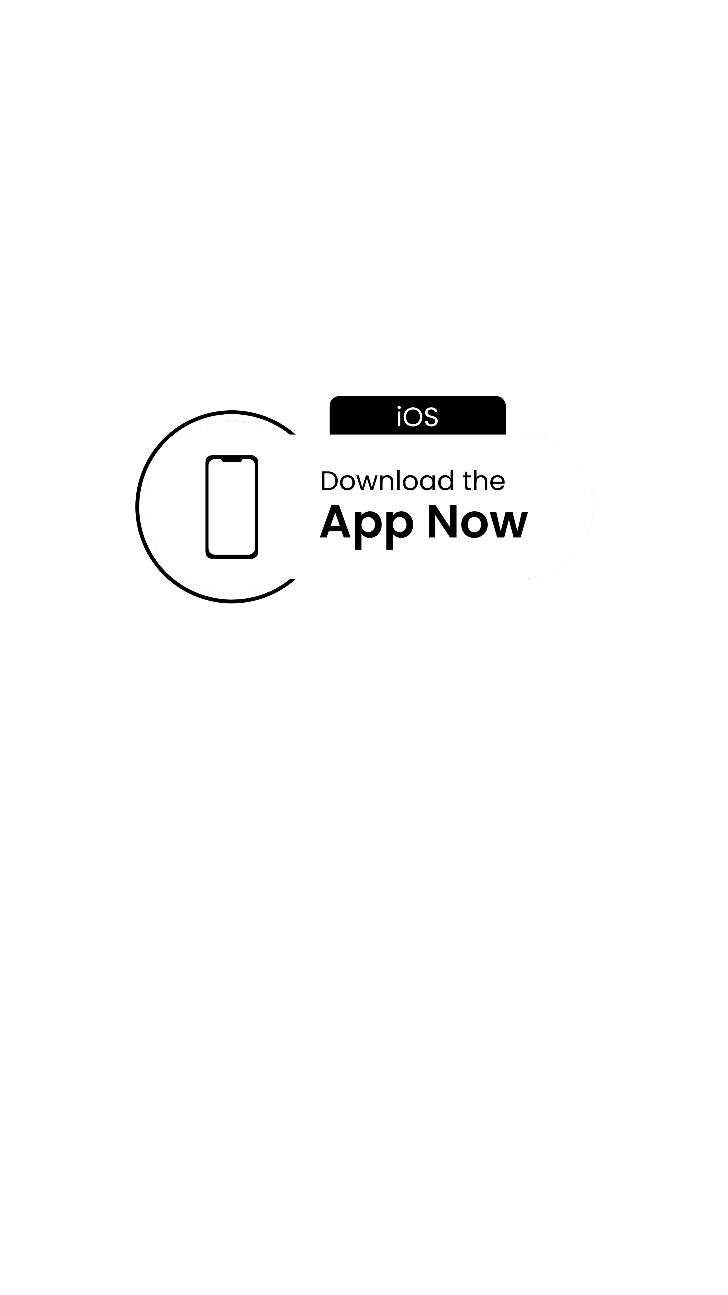 A black screen with a white, oval-shaped button promoting iOS app download, featuring a simple phone icon and the text "Download the App Now".