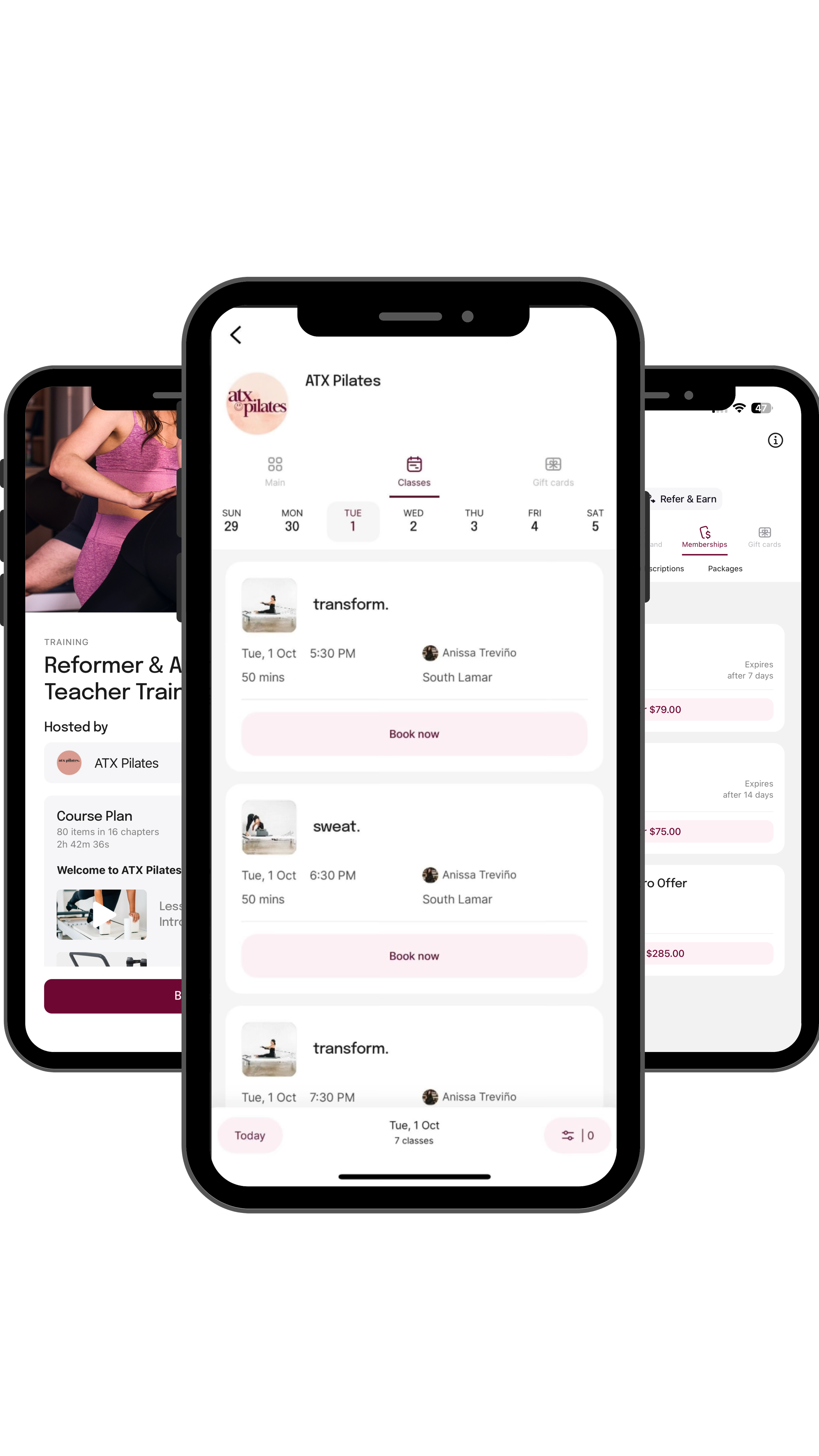 Mobile screens displaying ATX Pilates app with class schedule, booking options, and a trainer training course.