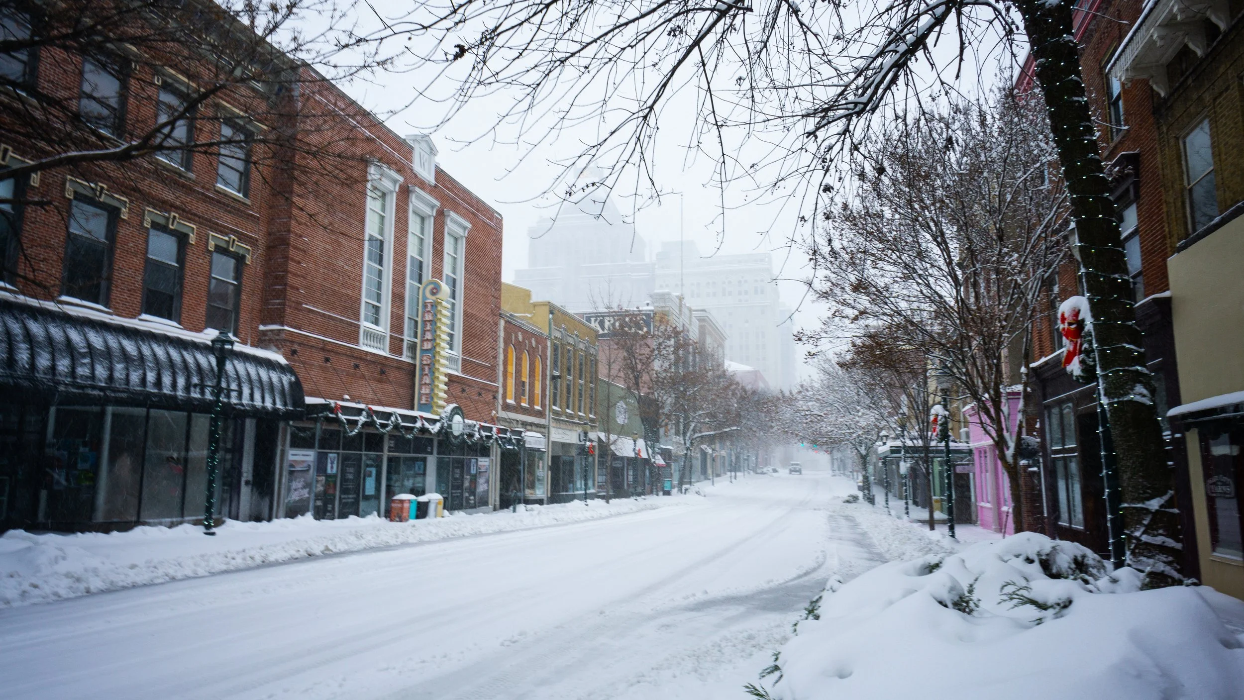 Downtown Greensboro, NC while snowing