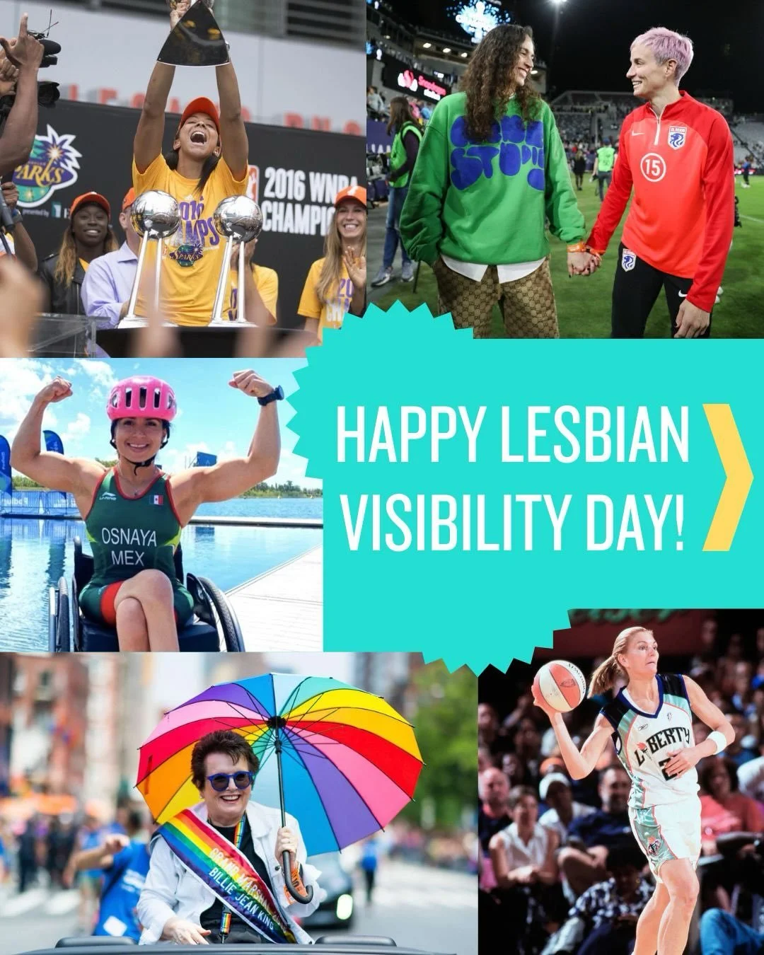 🧡🤍🩷 Happy Lesbian Day of Visibility!

🏳️&zwj;🌈 What would sports even be without the lesbians amiright? 😏 Today we&rsquo;re highlighting a few LEZ ICONS from OG Megan Rapinoe, to WNBA GOAT Candace Parker, tennis all-star Billie Jean King, para-