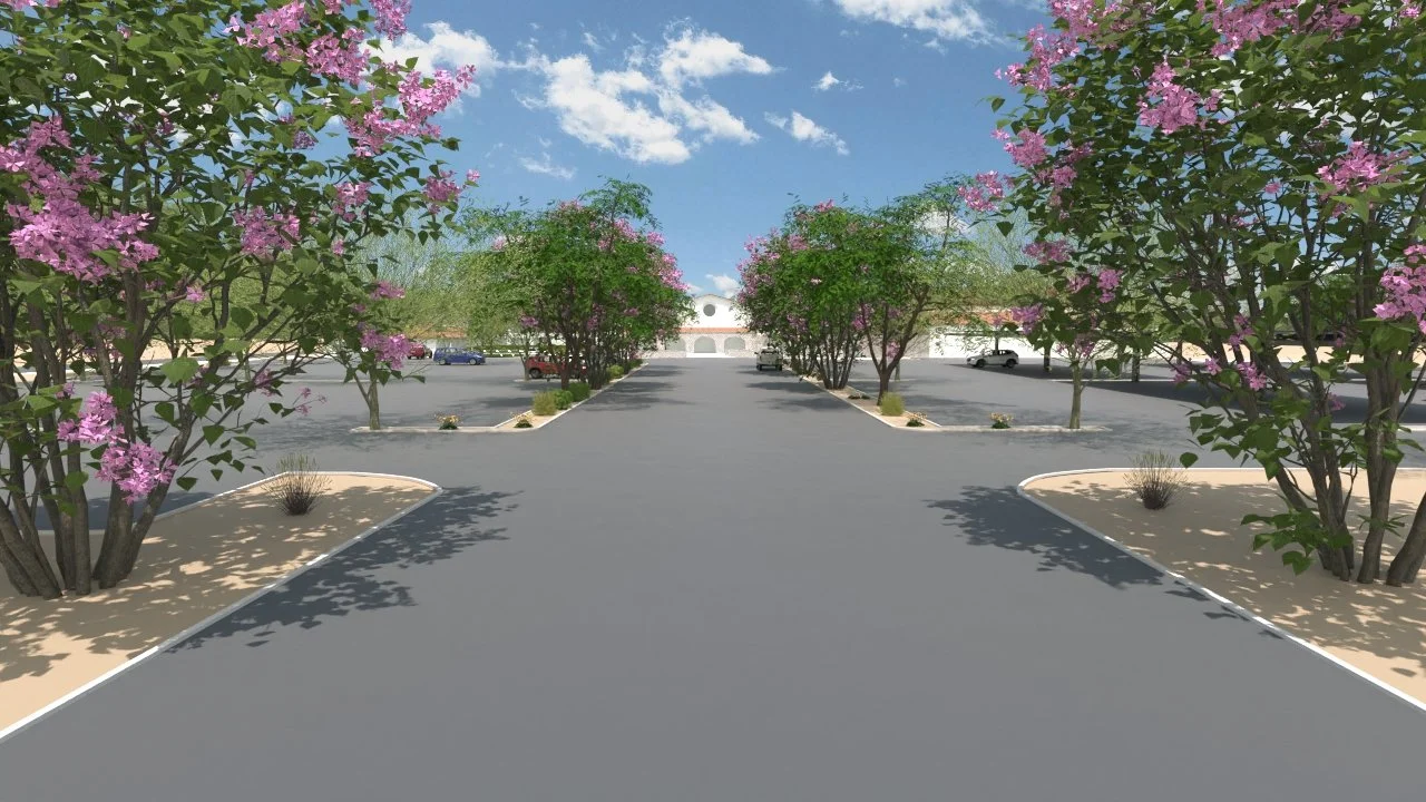 3D rendering of the future shaded parking-lot entrance and desert-adapted trees at First United Methodist Church of Gilbert