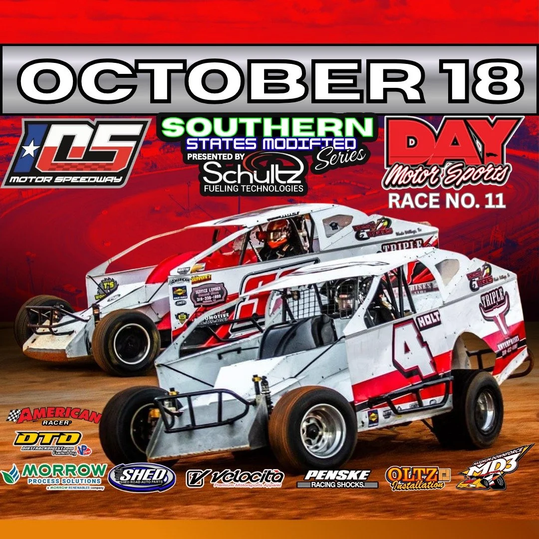 𝟭 𝗠𝗢𝗡𝗧𝗛 𝗔𝗪𝗔𝗬!

The Southern States Modified Series Presented By Schultz Fueling Technologies returns to 105 SpeedWay on October 18 for Day Motor Sports Race No. 11.