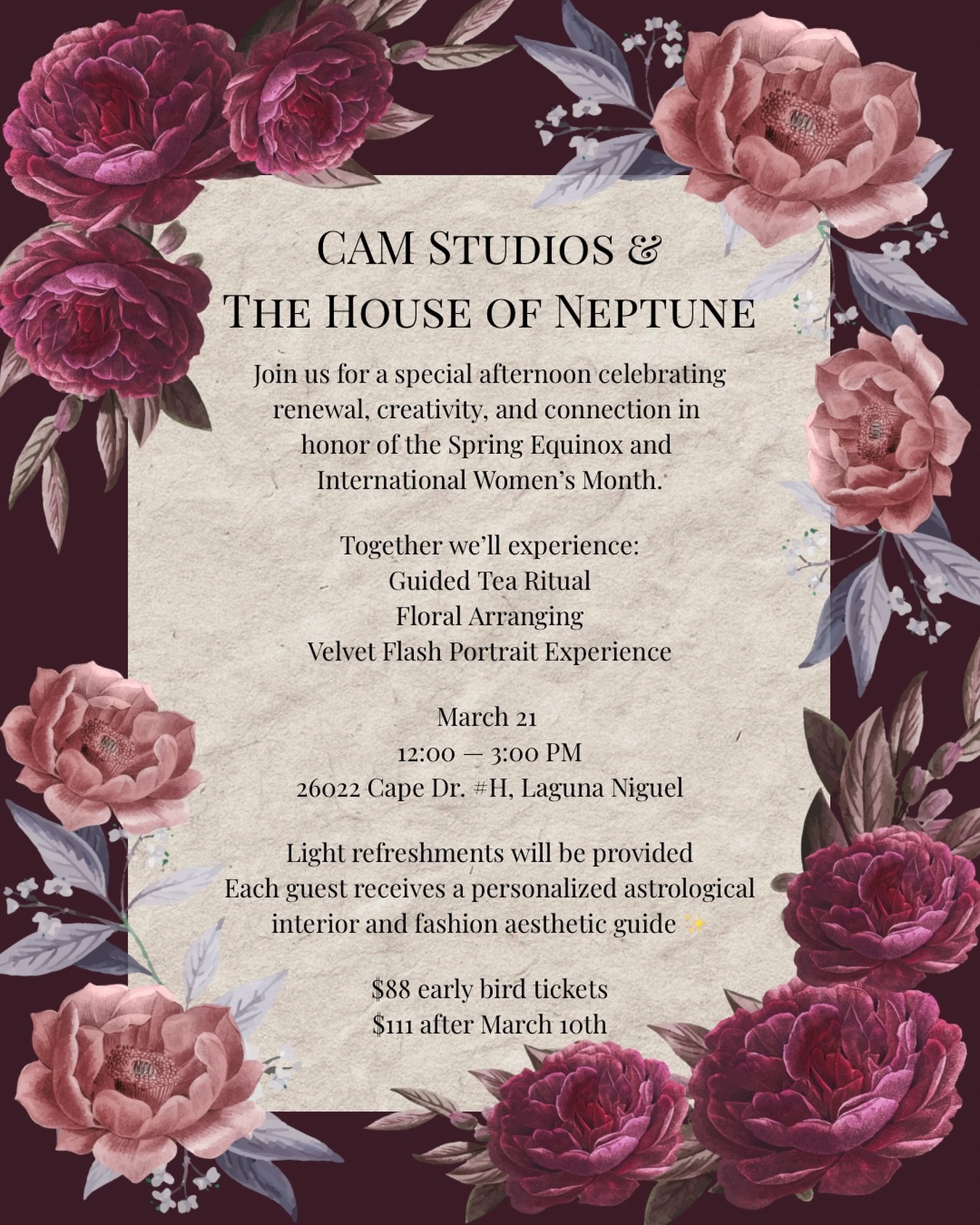 Please join us for this special afternoon of beauty &amp; connection 💐
We will have a guided tea ceremony, floral arranging, and a mini portrait session with the flowers you choose!
Gift bags will include astrology readings for your personal aesthet