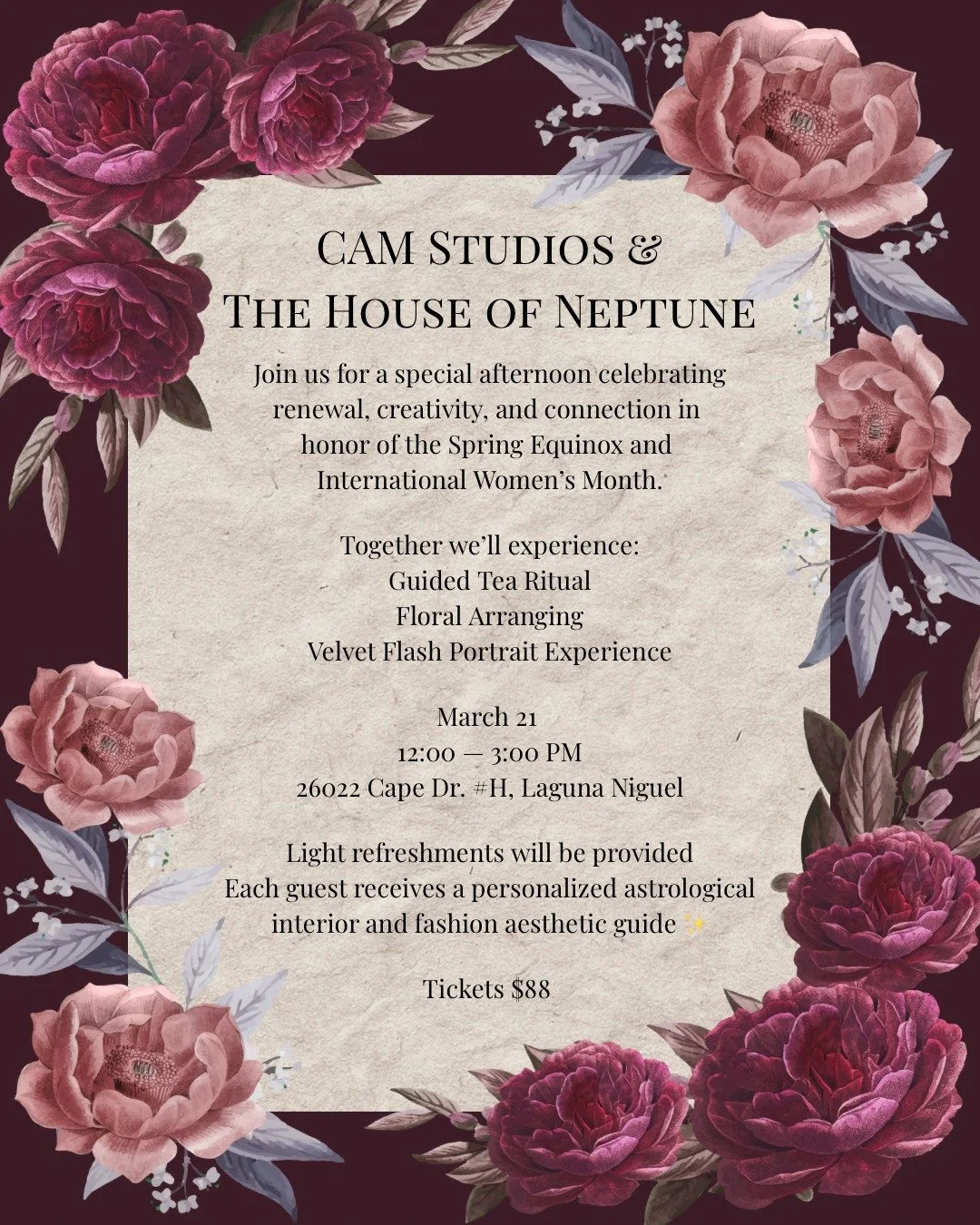 Please join us for this special afternoon of beauty &amp; connection 💐
We will have a guided tea ceremony, floral arranging, and a mini portrait session with the flowers you choose!
Gift bags will include astrology readings for your personal aesthet