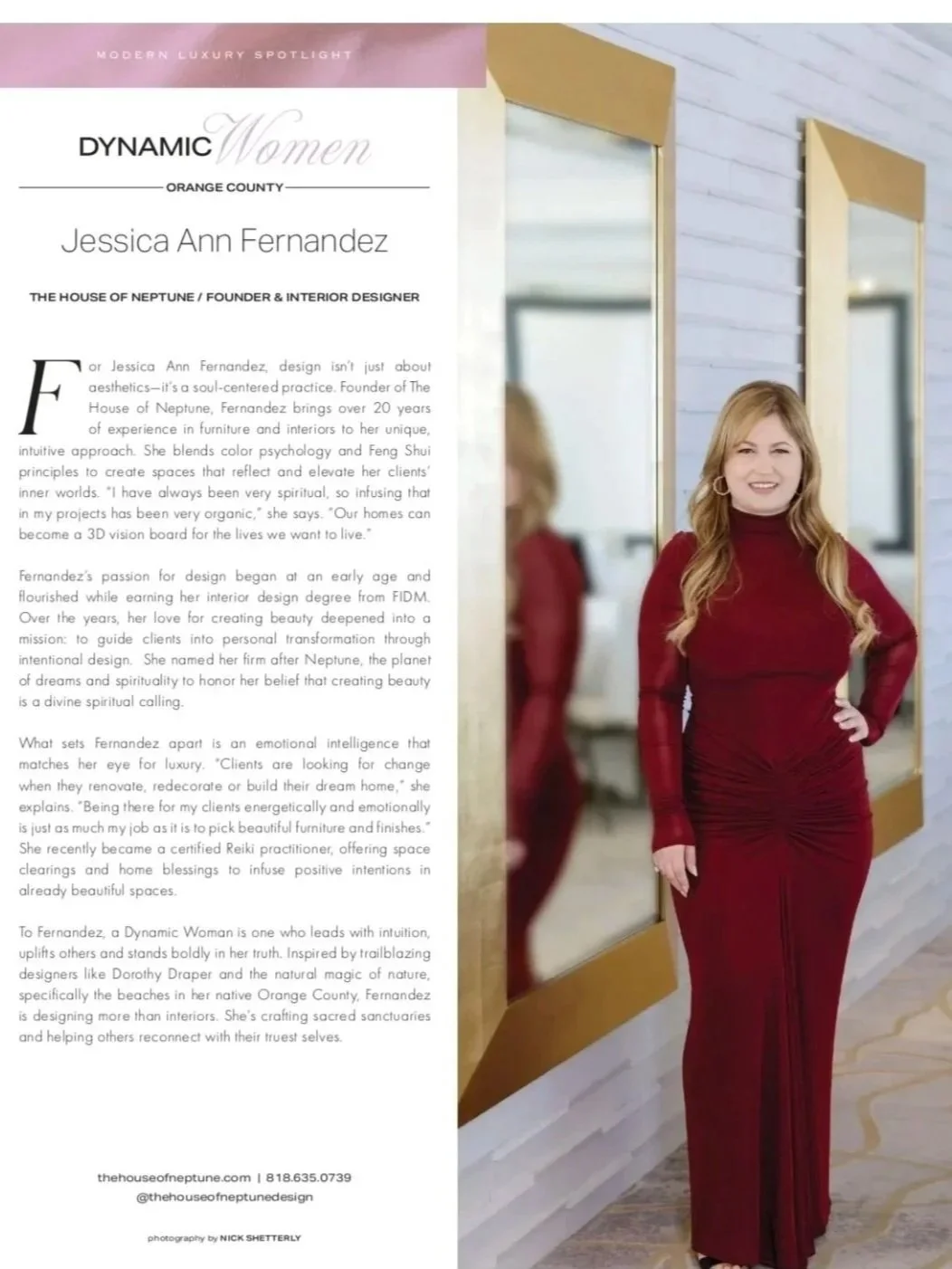 A magazine page featuring Jessica Ann Fernandez, an interior designer with long hair, wearing a red dress, standing with her hand on her hip, smiling in front of a mirror.