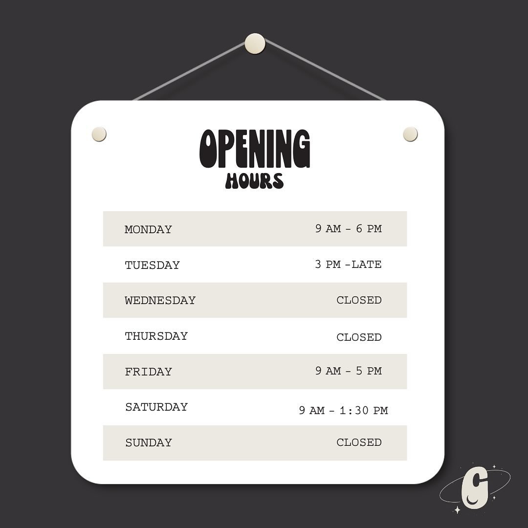 All of our businesses have different hours but in case you want to pop in for a look or give us a call- here are our updated opening hours. Looking forward to seeing you here!