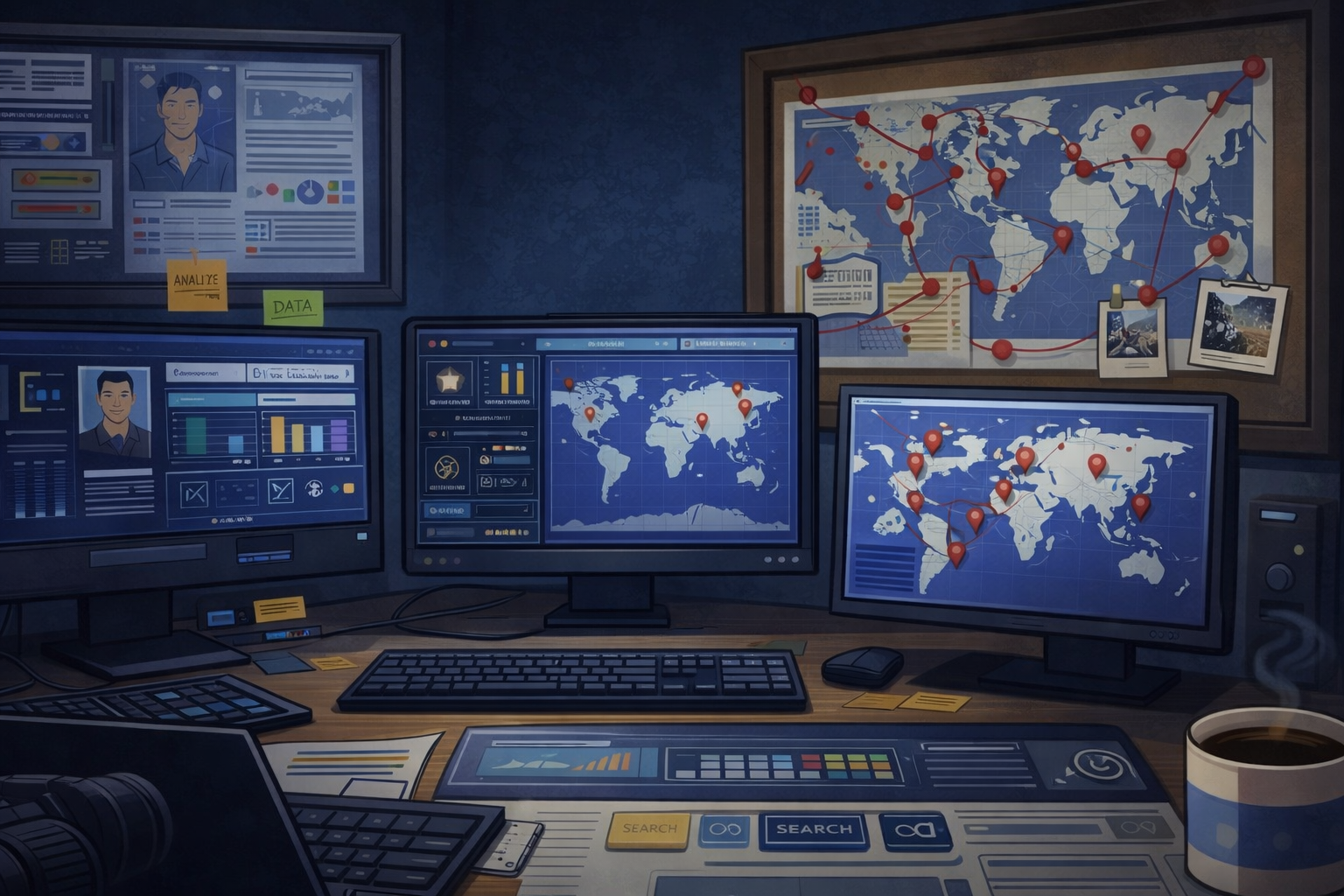 Two large computer monitors on a desk, with one displaying a music streaming app and the other showing code in a code editor. There's a keyboard, mouse, a smartphone in a stand, and various cables and black cups on the desk.