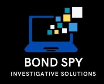 Logo featuring a blue laptop with pixelated squares above, and text "Bond Spy Investigative Solutions."
