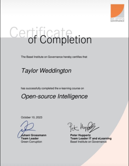 Certificate of completion for Taylor Weddington, issued by the Basel Institute on Governance, dated October 10, 2023, signed by Juhani Grossmann and Peter Hupperts.