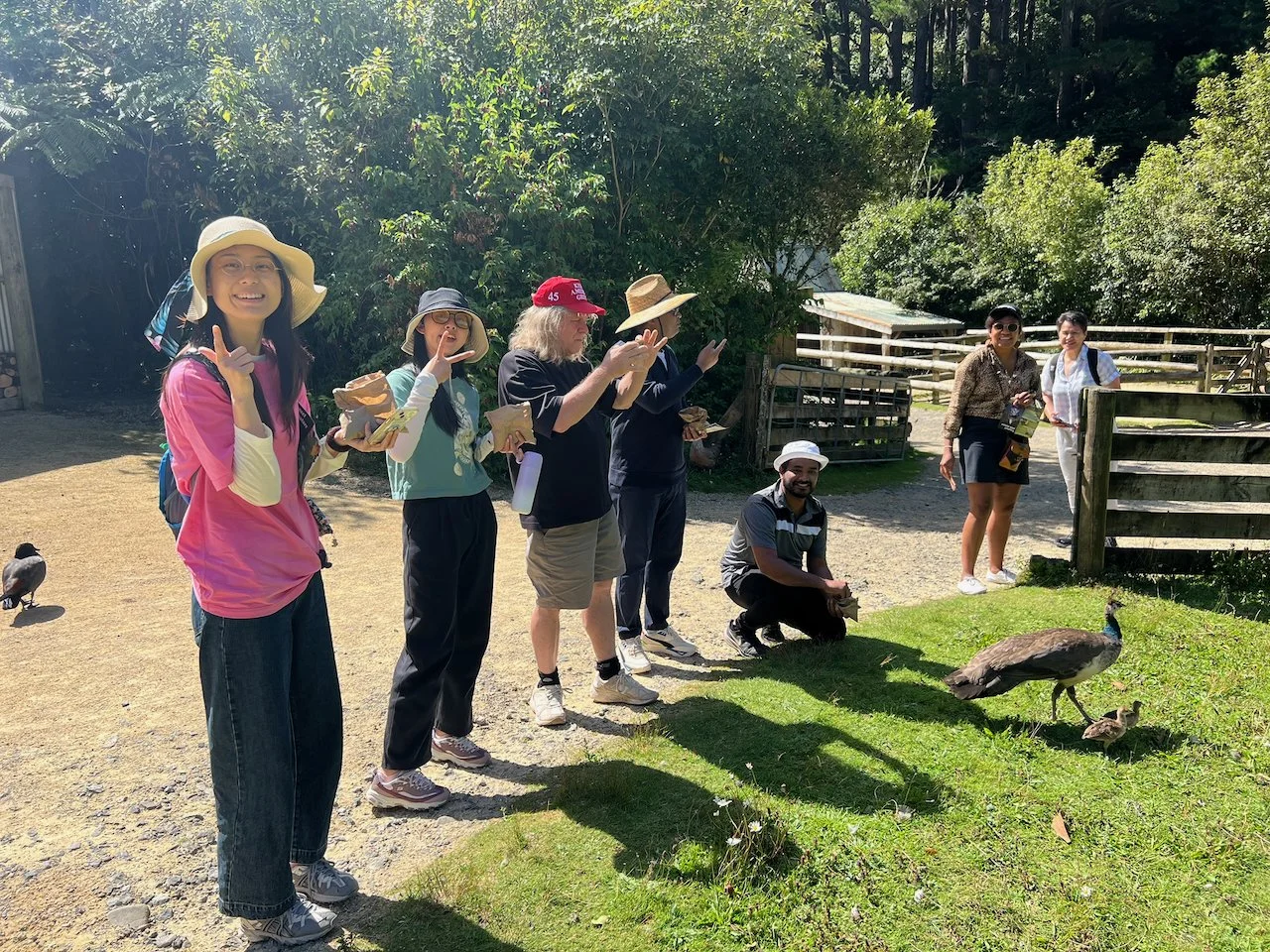 A photo of all the residents of Kia Maia Hostel enjoying some time outdoors at an animal farm in Wellington
