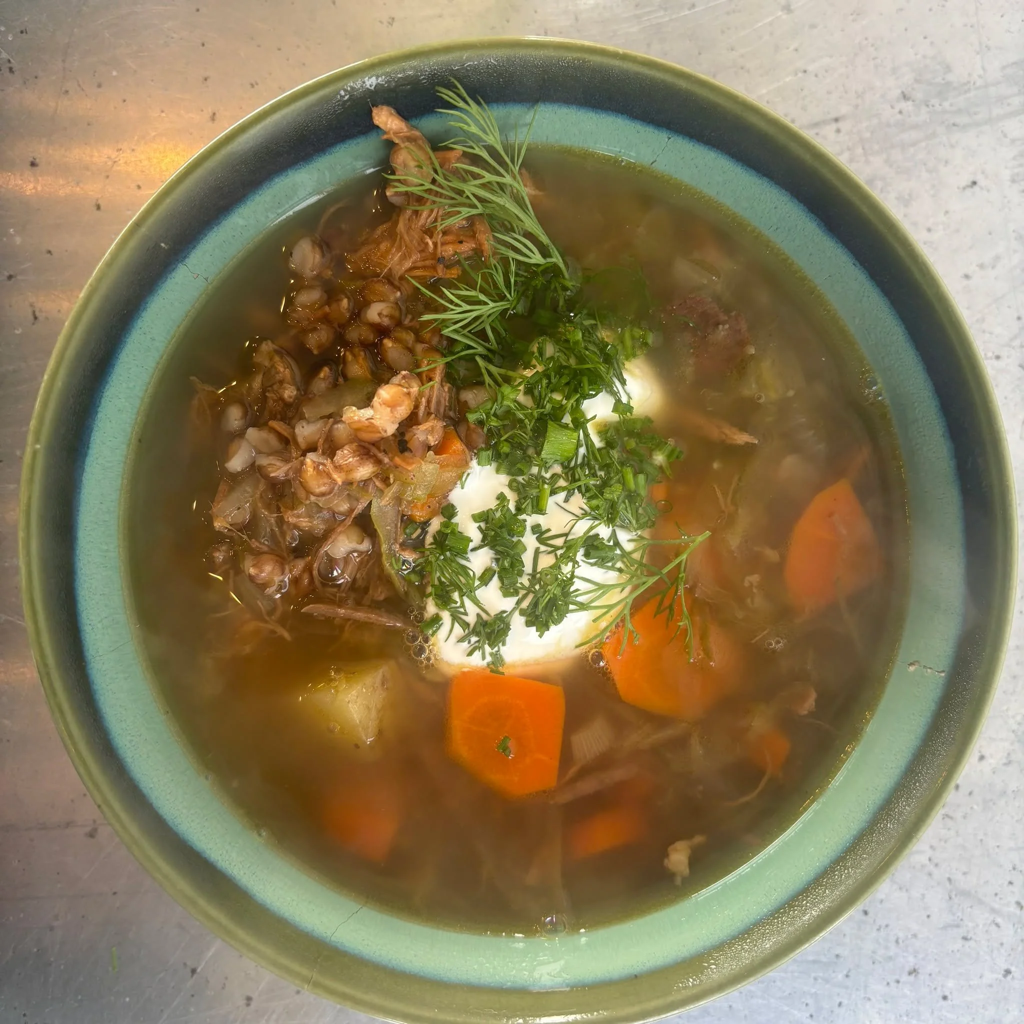 We'll keep you warm & cozy even when it's cold and drizzly. Soup for the week:
Shredded beef, blue barley, carrots, potatoes and celery in savory broth.
Served with sour cream and fresh dill