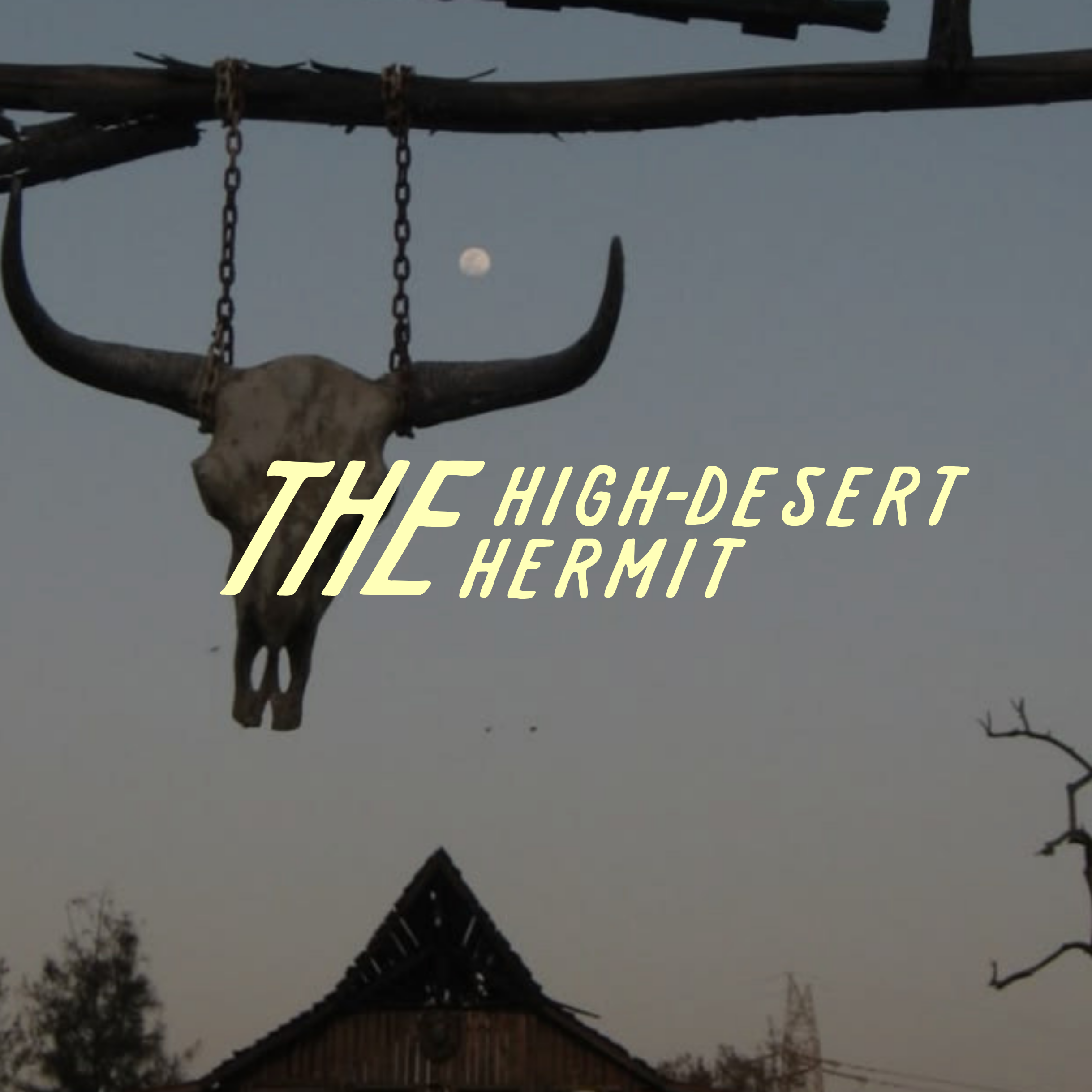 Longhorn steer skull hanging from chains beneath a rustic roof, with text reading “The High-Desert Hermit.”
