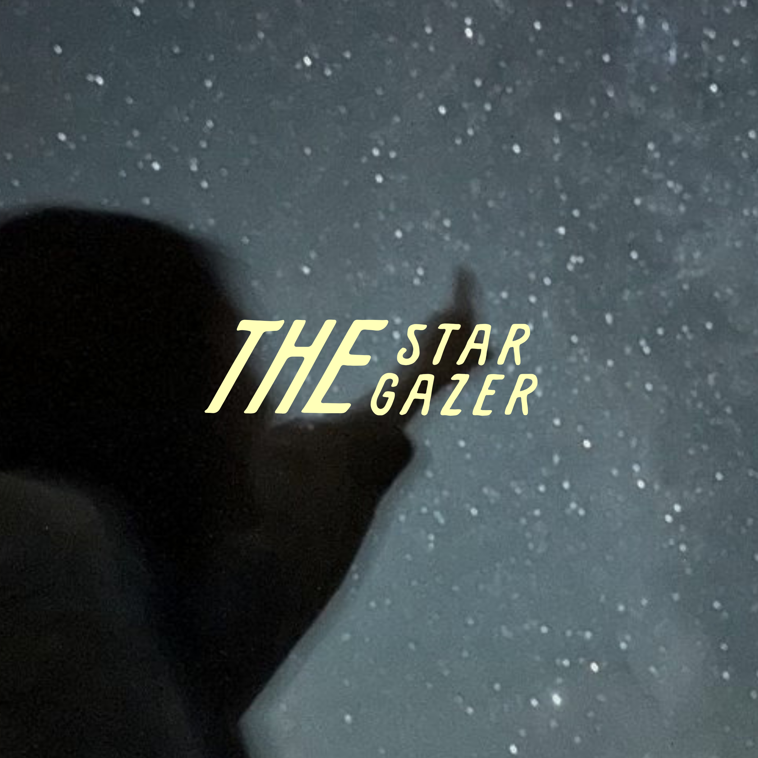 Black cat silhouette gazing at falling snow through a window, with yellow text reading “THE STAR GAZER.”