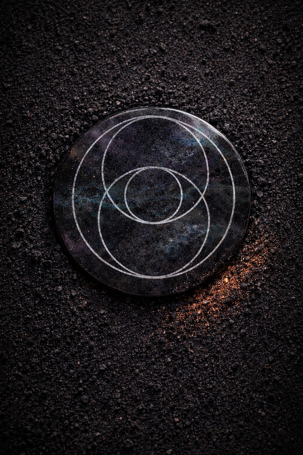 Orgonite Scalar Disc coaster, dark coloured with a vesicle pisces geometry and with crystals and copper in resin art