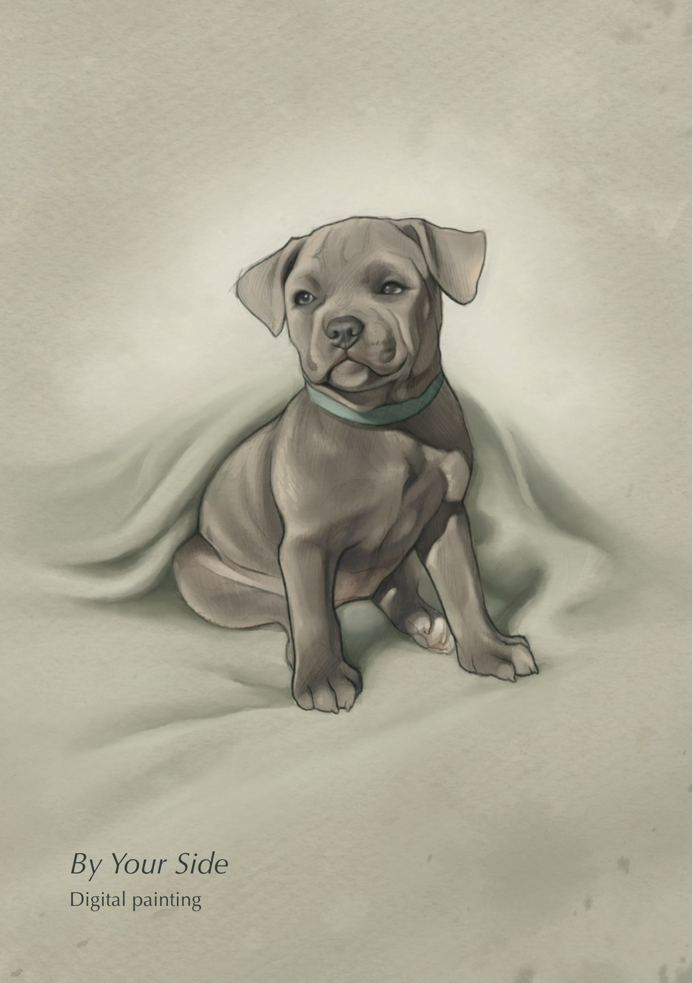 Staffie puppy digital drawing in rustic sage green