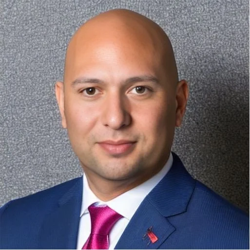 Bald man in a suit and tie, gray background.