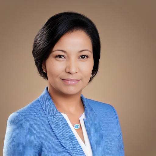 Professional portrait of a woman with short black hair, wearing a blue blazer and a white top, smiling against a beige background.