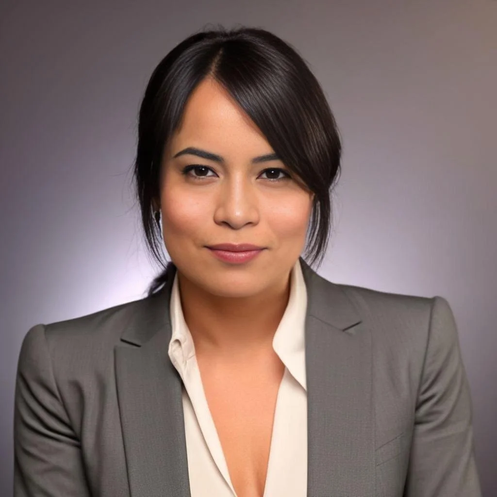 Person wearing a gray blazer and white shirt, posing against a neutral background.