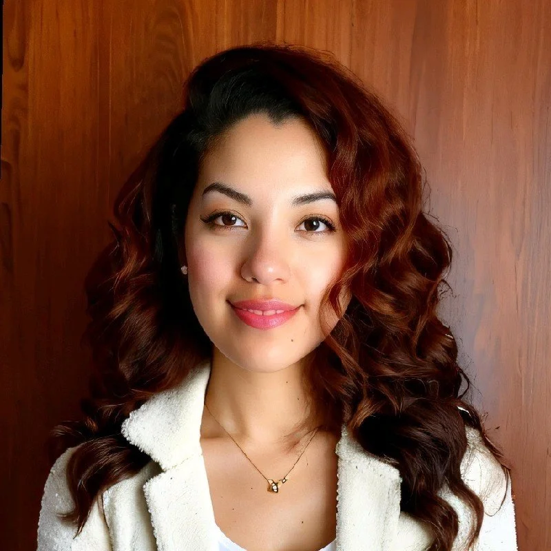 A young woman with long, curly brown hair, light makeup, and pink lipstick, wearing a white textured jacket and a delicate necklace, standing in front of a wooden background.