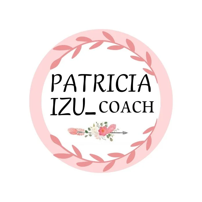 Logo with the name Patricia Izu Coach inside a pink circular laurel with floral and arrow design.