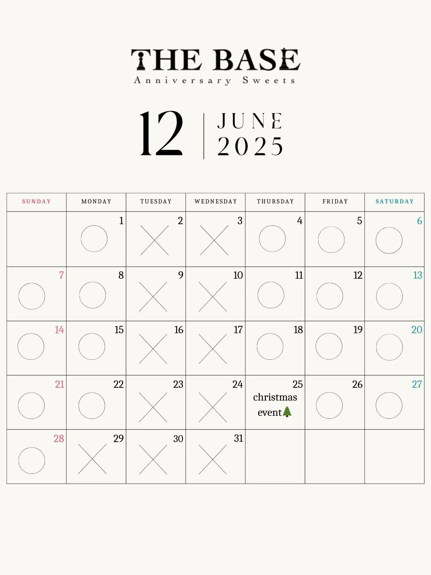 12月の営業カレンダー🗓️

いつもご覧いただき、ありがとうございます。

今年度最後の営業日は、12月28日(日)とさせていただき、29日(月)より休業させていただきます。
1月以降の営業については、順次お知らせいたします。

Christmas eventについて🎄
12月25日（木）は、クリスマスイベントとして、特別営業となります。
いつもご来店いただいている皆さまに楽しんでいただける内容を準備しておりますので、お知らせまで少しお待ちください。

December Business C