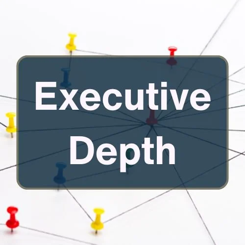 A dark gray sign with white text reading 'Executive Depth' connected by lines to colorful pushpins on a white background.